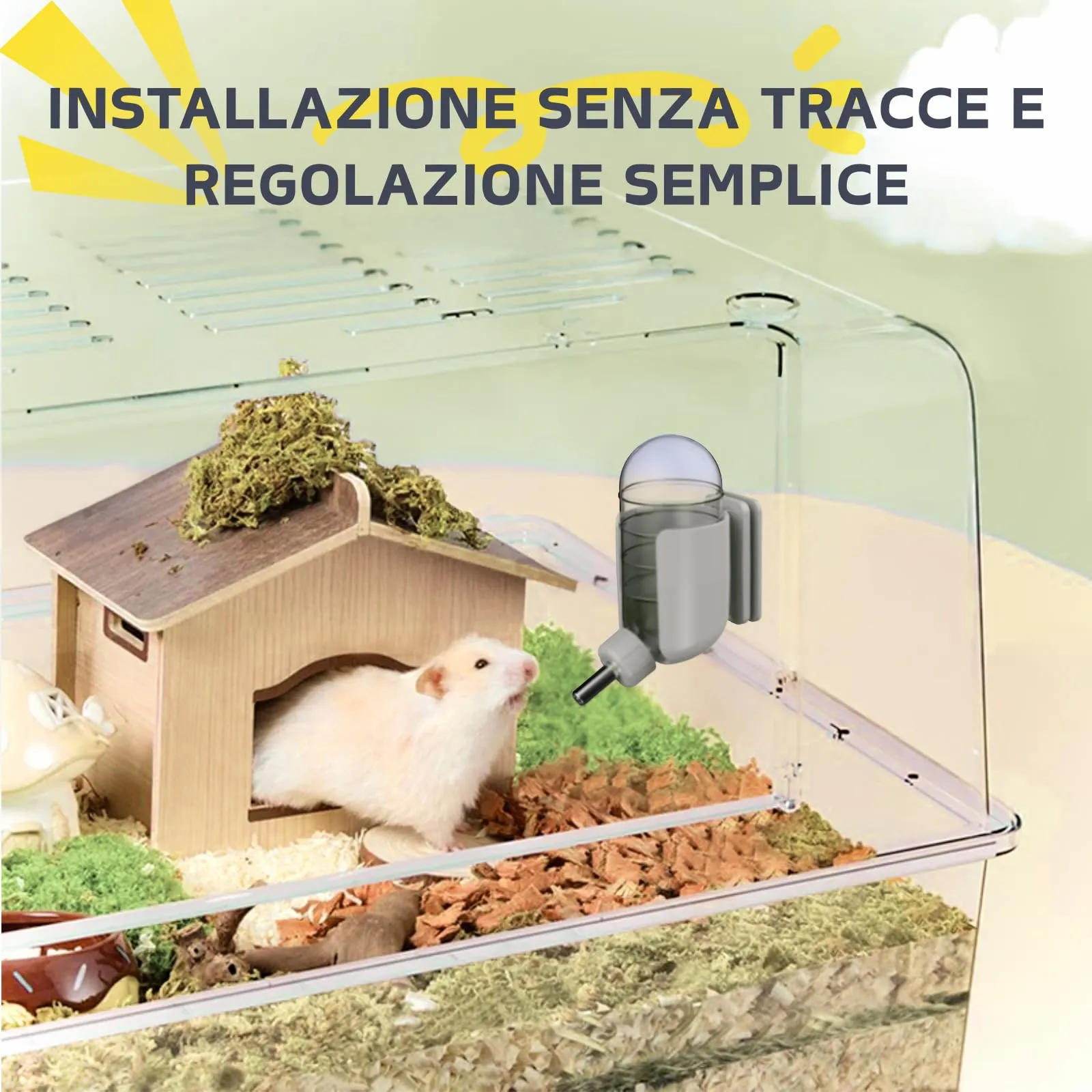 Bottiglia d'acqua per criceto con stent magnetici, supporto per bottiglie d'acqua per vasche in vetro, adatta per criceti siriani nani, gerbilli, topi, ratti, degus - immagine 4