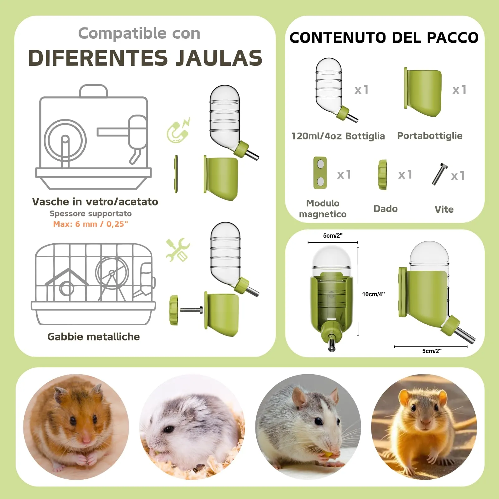 Bottiglia d'acqua per criceto con stent magnetici, supporto per bottiglie d'acqua per vasche in vetro, adatta per criceti siriani nani, gerbilli, topi, ratti, degus - immagine 3