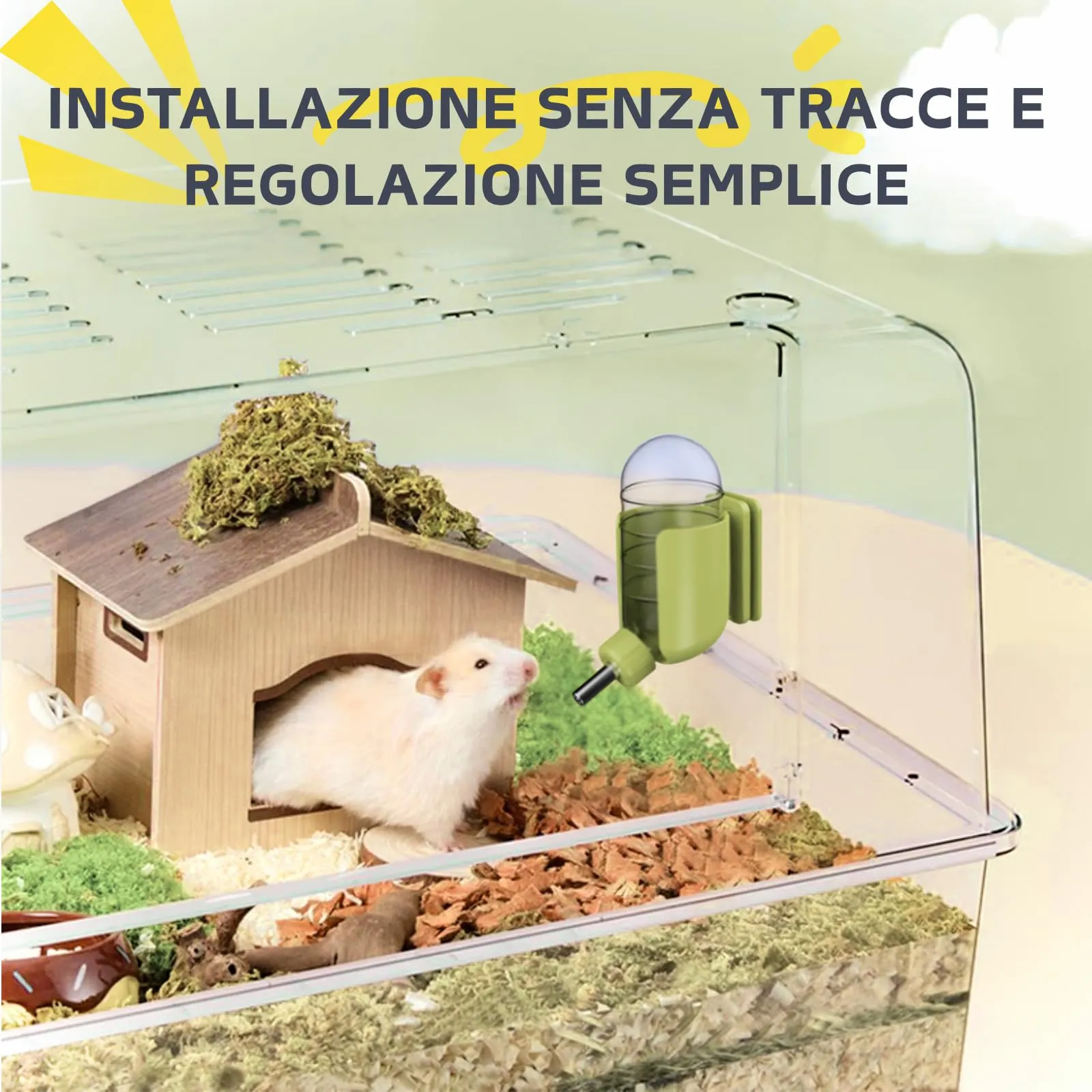 Bottiglia d'acqua per criceto con stent magnetici, supporto per bottiglie d'acqua per vasche in vetro, adatta per criceti siriani nani, gerbilli, topi, ratti, degus - immagine 4