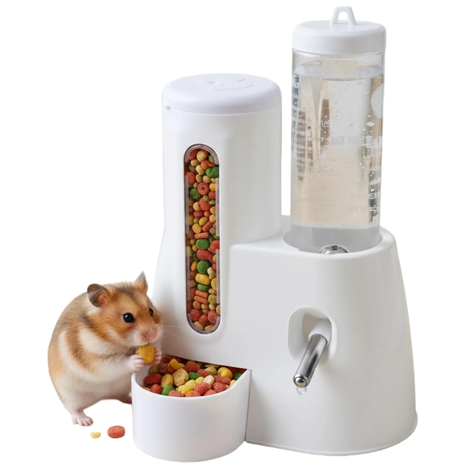 Mangiatoia e Abbeveratoio Automatici per Criceti, 2 In 1, Bottiglia D'acqua Bianca da 125 ml, Adatta per Cincillà, Porcellini D'India, Ratti, Nani, Gerbilli e Altri Piccoli Animali, 13.4x18.8x16.6 cm - immagine 1
