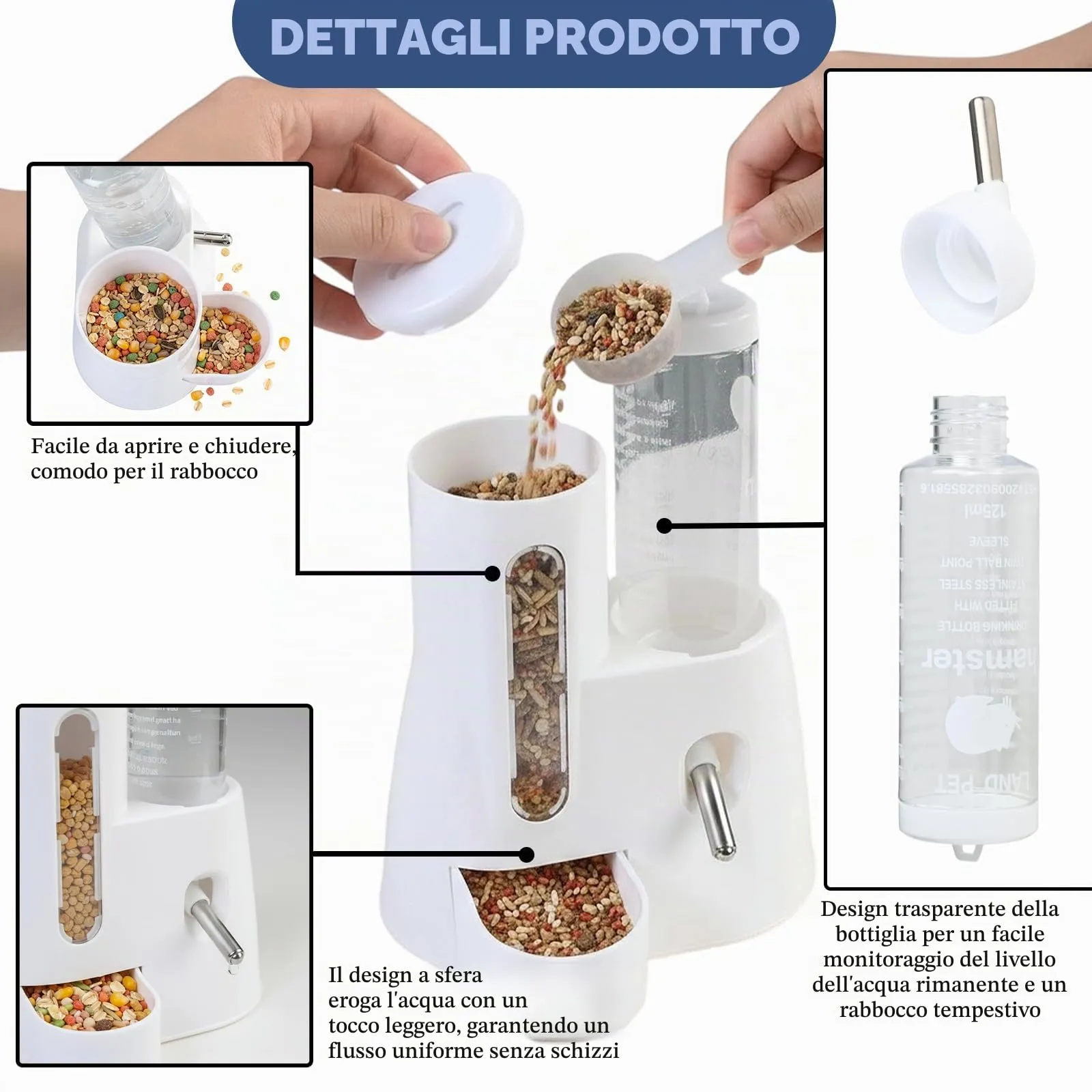 Mangiatoia e Abbeveratoio Automatici per Criceti, 2 In 1, Bottiglia D'acqua Bianca da 125 ml, Adatta per Cincillà, Porcellini D'India, Ratti, Nani, Gerbilli e Altri Piccoli Animali, 13.4x18.8x16.6 cm - immagine 2
