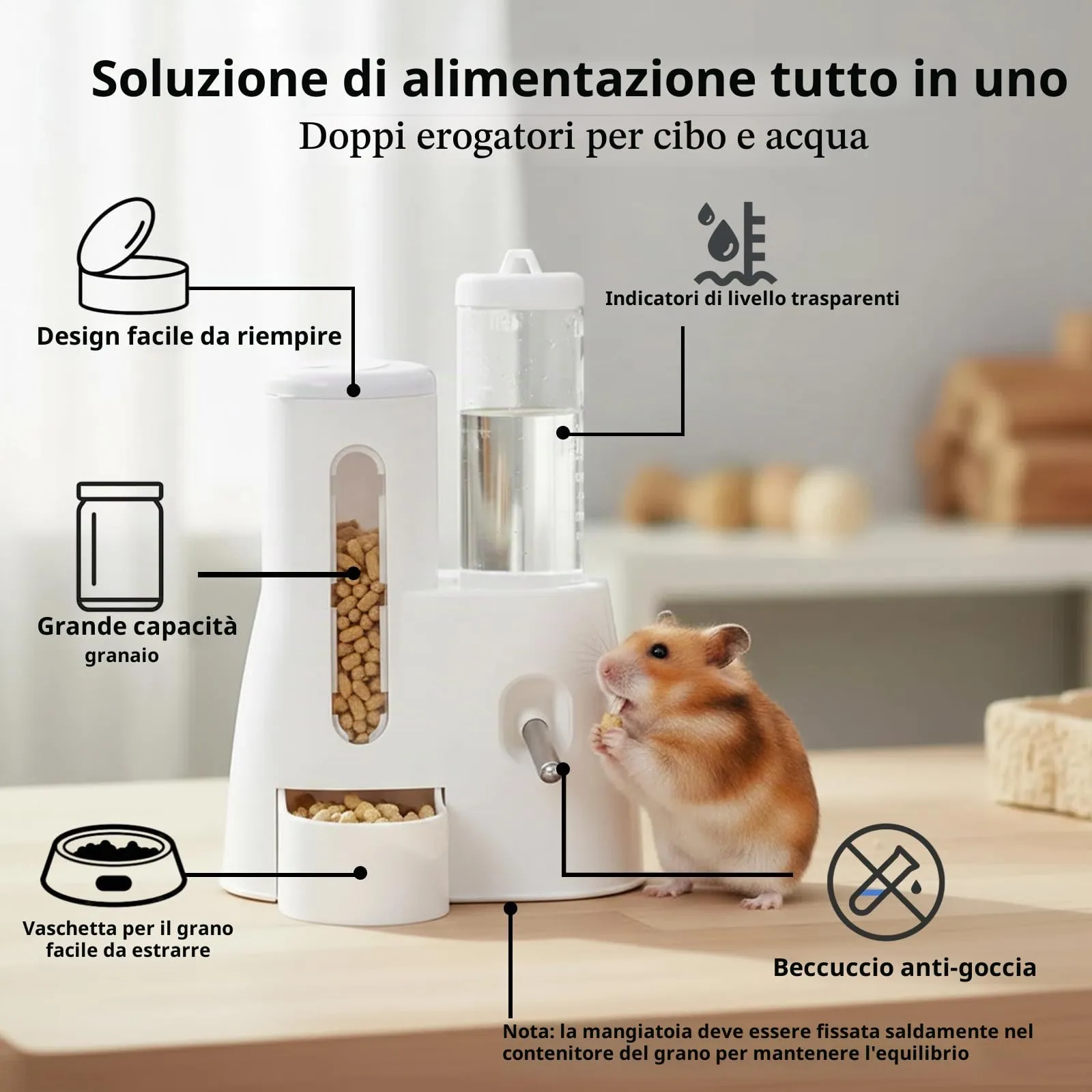 Mangiatoia e Abbeveratoio Automatici per Criceti, 2 In 1, Bottiglia D'acqua Bianca da 125 ml, Adatta per Cincillà, Porcellini D'India, Ratti, Nani, Gerbilli e Altri Piccoli Animali, 13.4x18.8x16.6 cm - immagine 4
