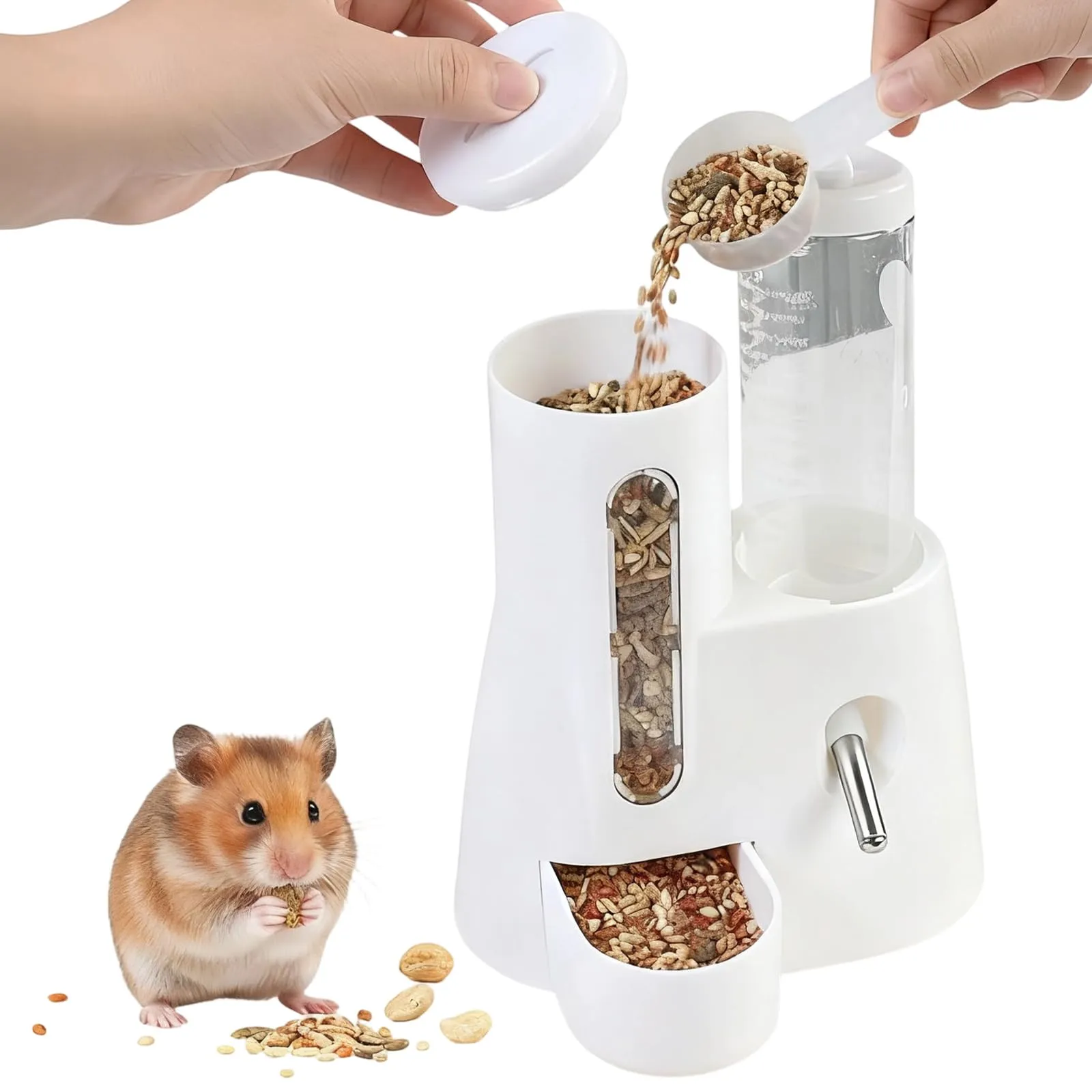 Mangiatoia e Abbeveratoio Automatici per Criceti, 2 In 1, Bottiglia D'acqua Bianca da 125 ml, Adatta per Cincillà, Porcellini D'India, Ratti, Nani, Gerbilli e Altri Piccoli Animali, 13.4x18.8x16.6 cm - immagine 7
