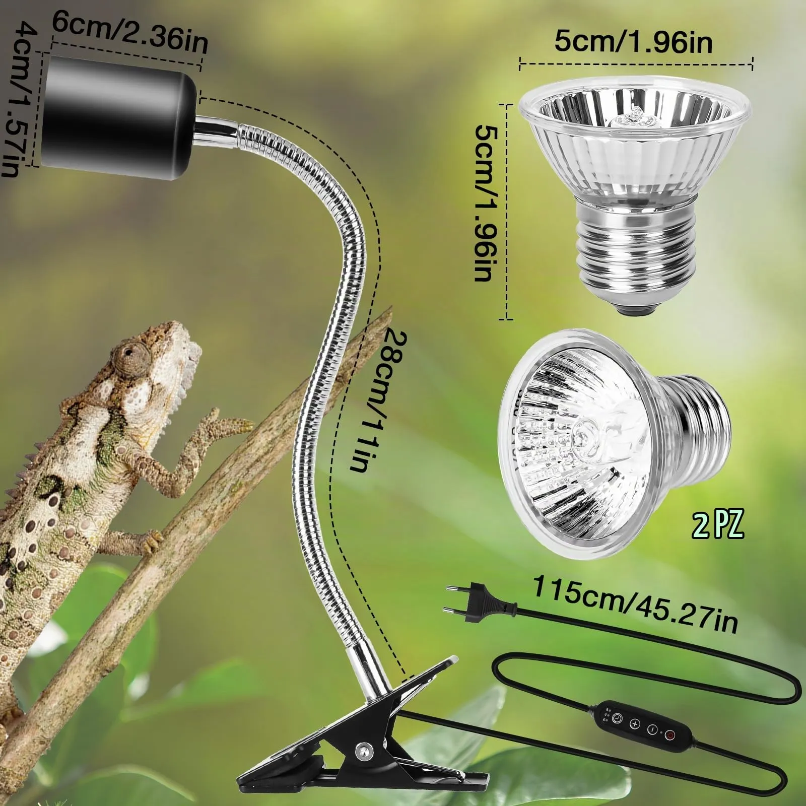 LURICO Lampada uvb Tartarughe, Lampada Rettile e Anfibio con 2 Lampadine UVA UVB, Interruttore Timer Regolabile, Lampadina Riscaldante con Morsetto Rotante a 360 ° per Tartarughe Rettili Lucertole - immagine 2