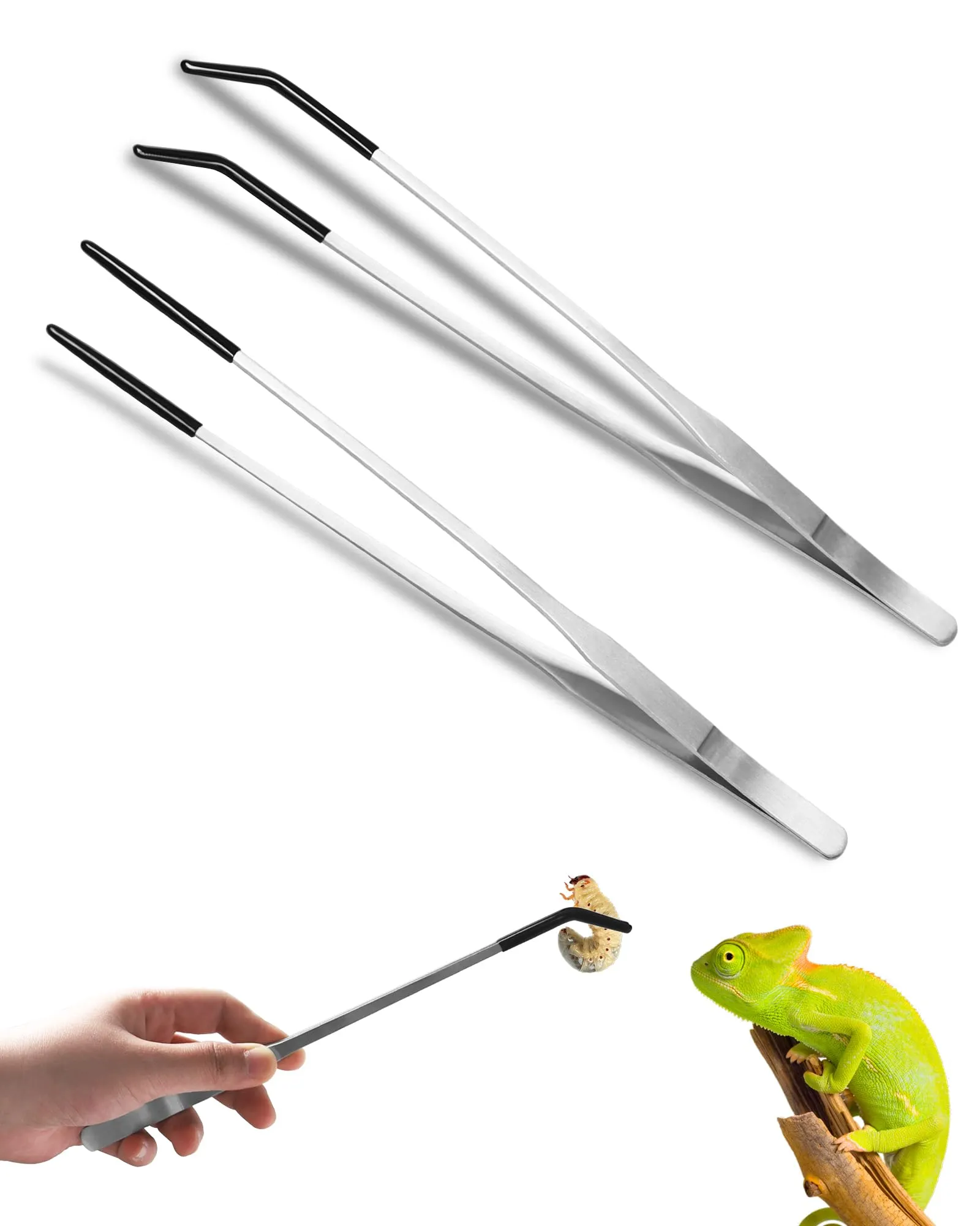 2 Pezzi 27cm Pinzette per rettili Pinzette per acquario in acciaio inox Pinzetta dritta e curva con punta in gomma Pinzette extra lunghe per alimentazione per rettili,piante acquatiche e acquari - immagine 1