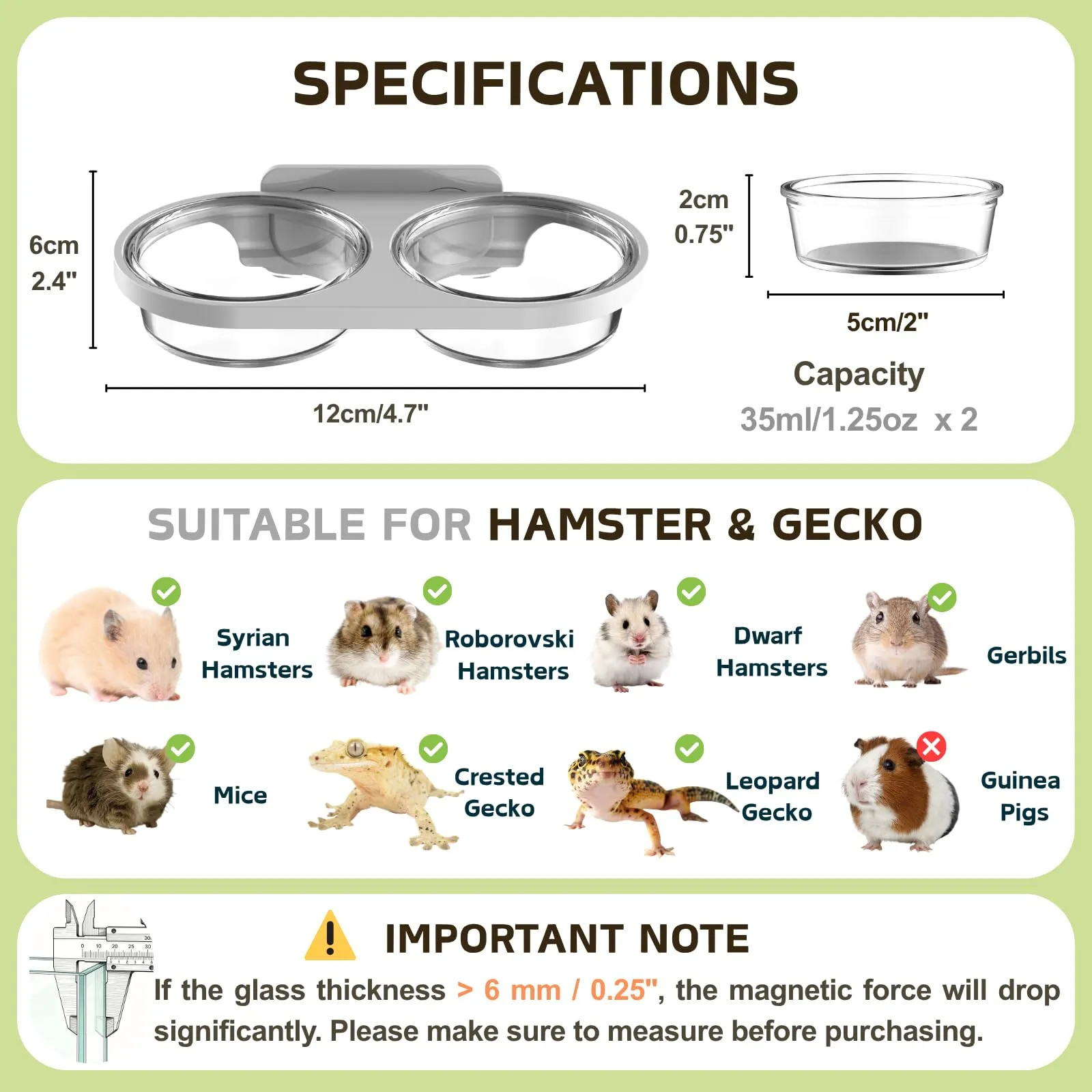 Piattaforma Magnetica per l'Alimentazione dei Rettili con 2 Ciotole in Plastica, Ciotola per Cibo e Acqua per Geco Crestato e Criceto Nano (Verde, Montaggio magnetico) - immagine 8