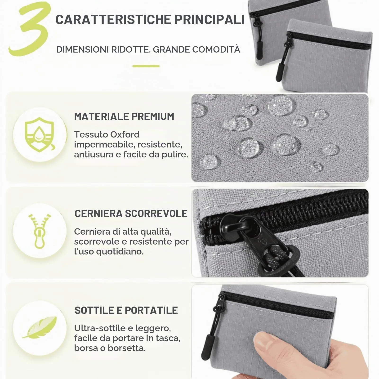 Confezione da 2 portamonete con cerniera in tessuto Oxford, piccole buste portamonete portatili per donne, uomini e bambini,Grigio - immagine 3