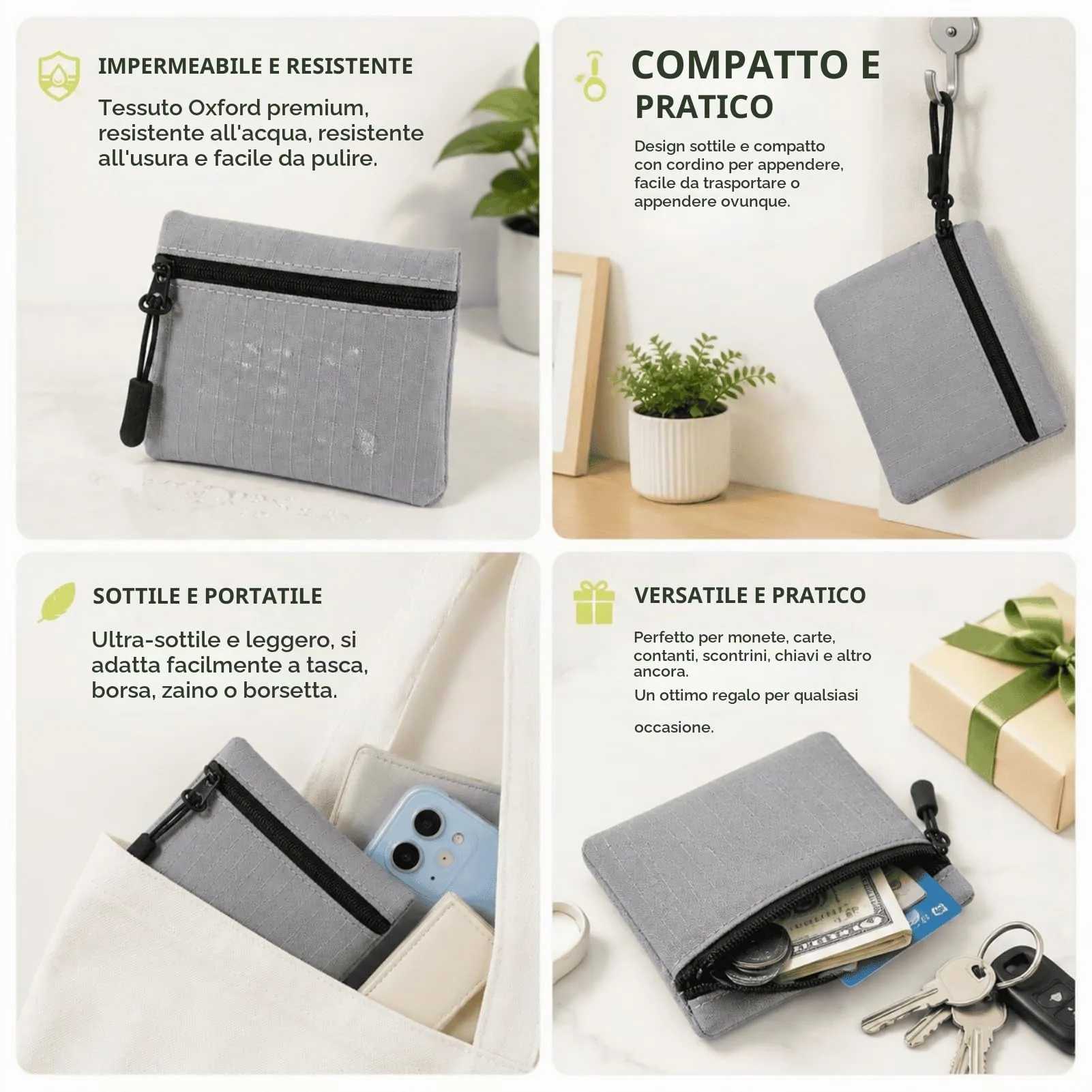 Confezione da 2 portamonete con cerniera in tessuto Oxford, piccole buste portamonete portatili per donne, uomini e bambini,Grigio - immagine 4