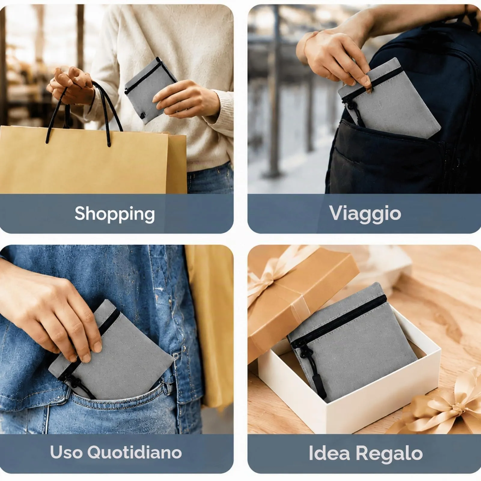 Confezione da 2 portamonete con cerniera in tessuto Oxford, piccole buste portamonete portatili per donne, uomini e bambini,Grigio - immagine 5