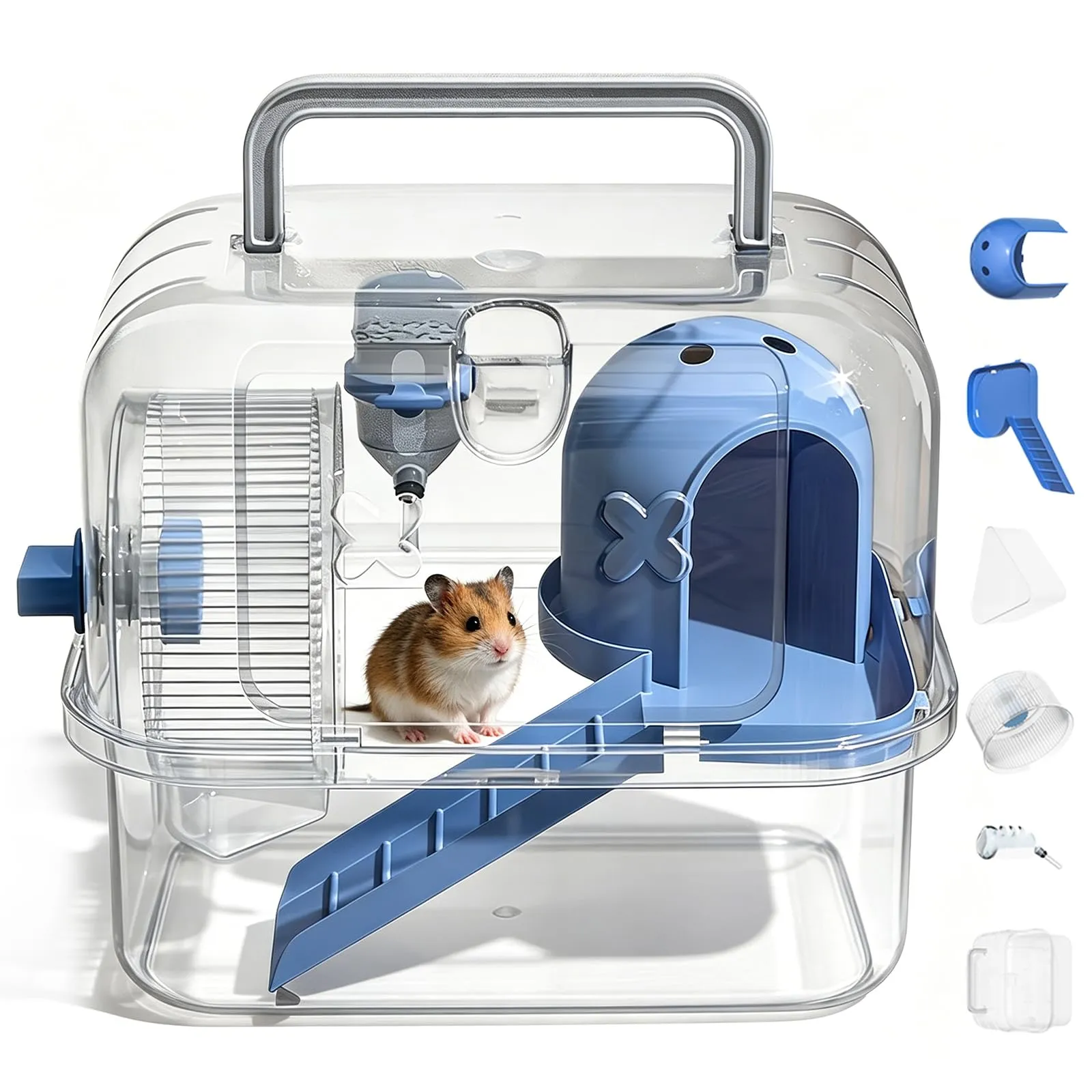 Gabbia da trasporto per criceti e piccoli animali - 24 x 18 x 20 cm - Gabbia da viaggio portatile con bottiglia d'acqua - Maniglia per il trasporto di topi, conigli, porcellini d'India, blu - immagine 1