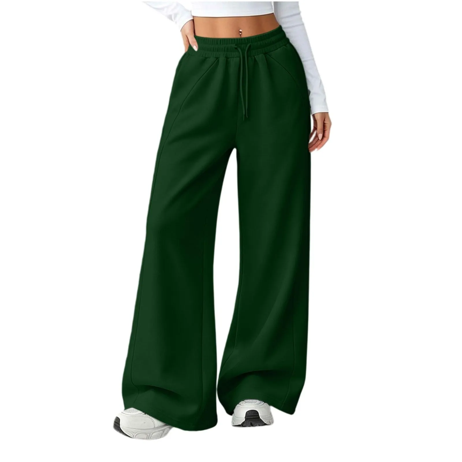 Generico Pantaloni da Jogging da Donna a Gamba Larga da Donna Pantaloni da Jogging Larghi a Vita Alta Pants Sportivi Casual con Coulisse E Tasche - immagine 4