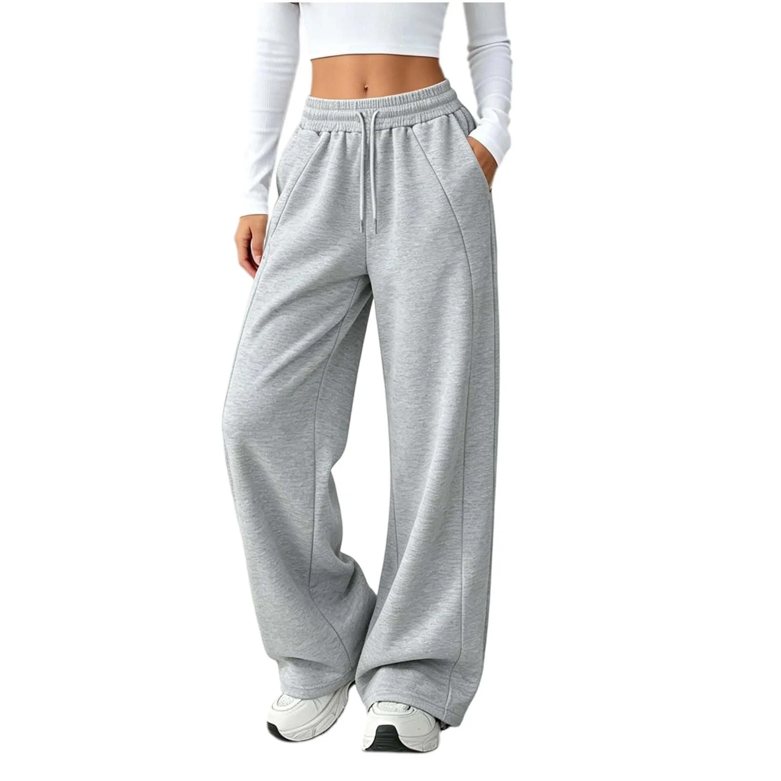 Generico Pantaloni da Jogging da Donna a Gamba Larga da Donna Pantaloni da Jogging Larghi a Vita Alta Pants Sportivi Casual con Coulisse E Tasche - immagine 1