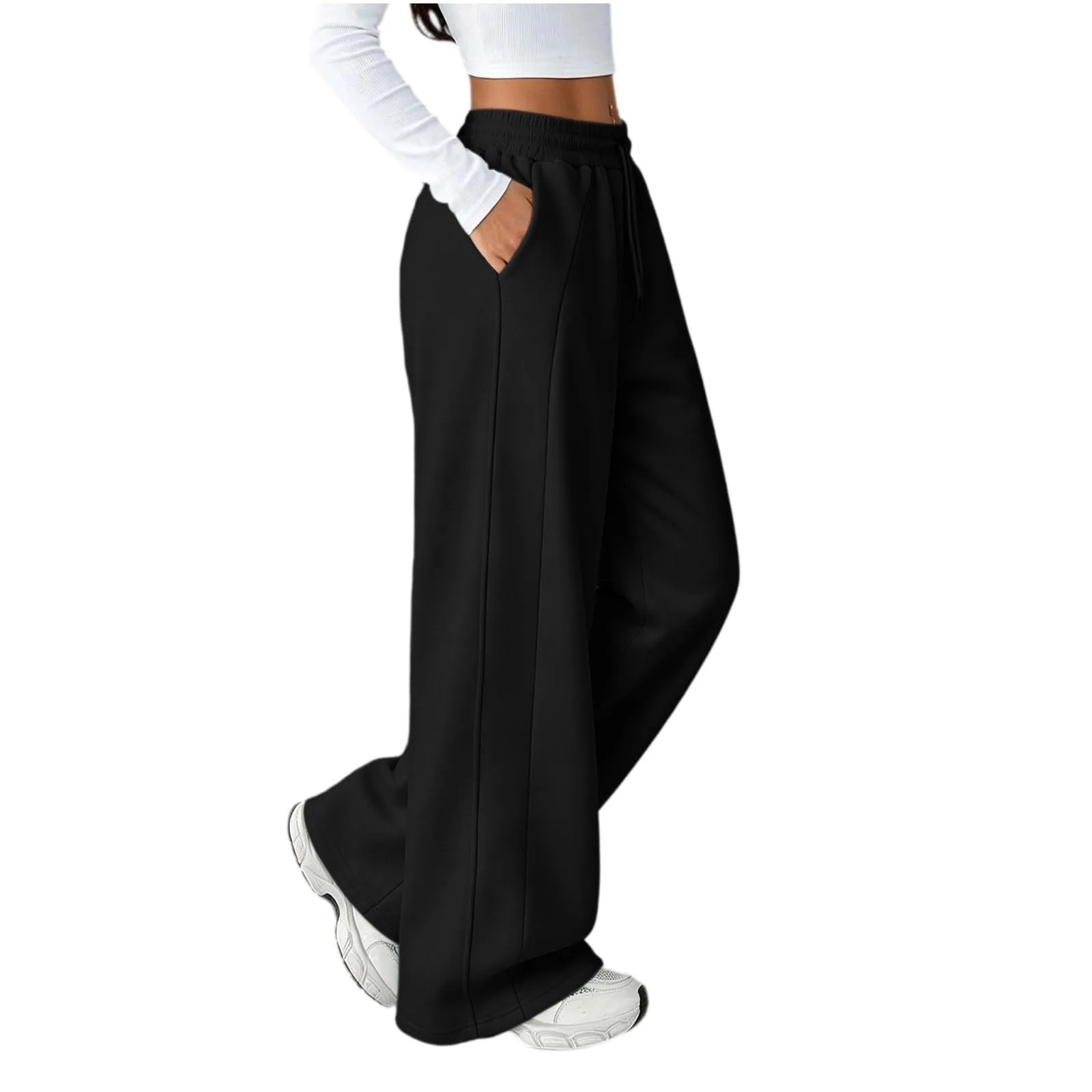 Generico Pantaloni da Jogging da Donna a Gamba Larga da Donna Pantaloni da Jogging Larghi a Vita Alta Pants Sportivi Casual con Coulisse E Tasche - immagine 2