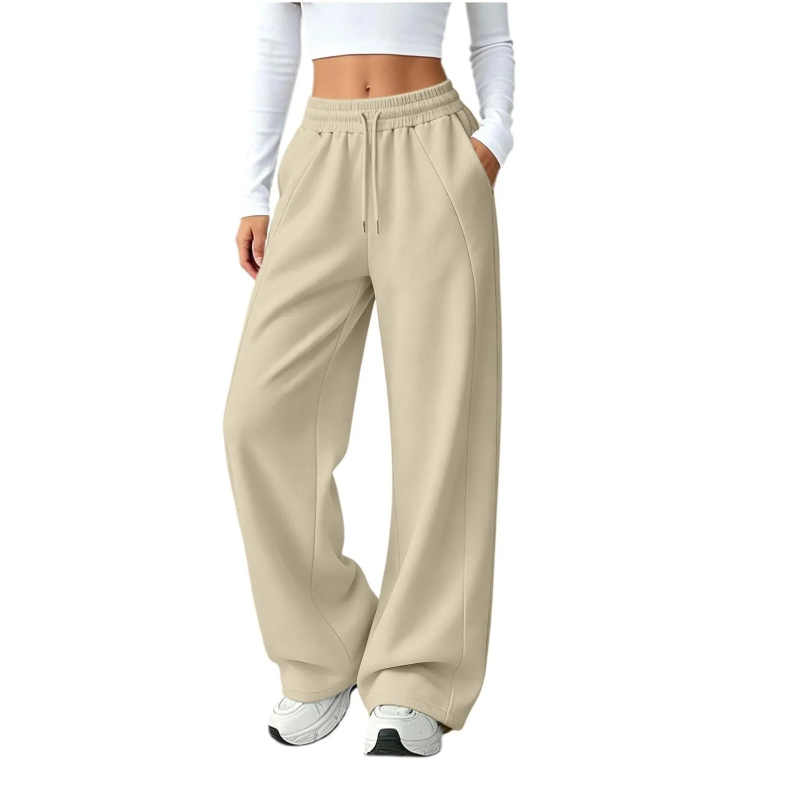 Generico Pantaloni da Jogging da Donna a Gamba Larga da Donna Pantaloni da Jogging Larghi a Vita Alta Pants Sportivi Casual con Coulisse E Tasche - immagine 1