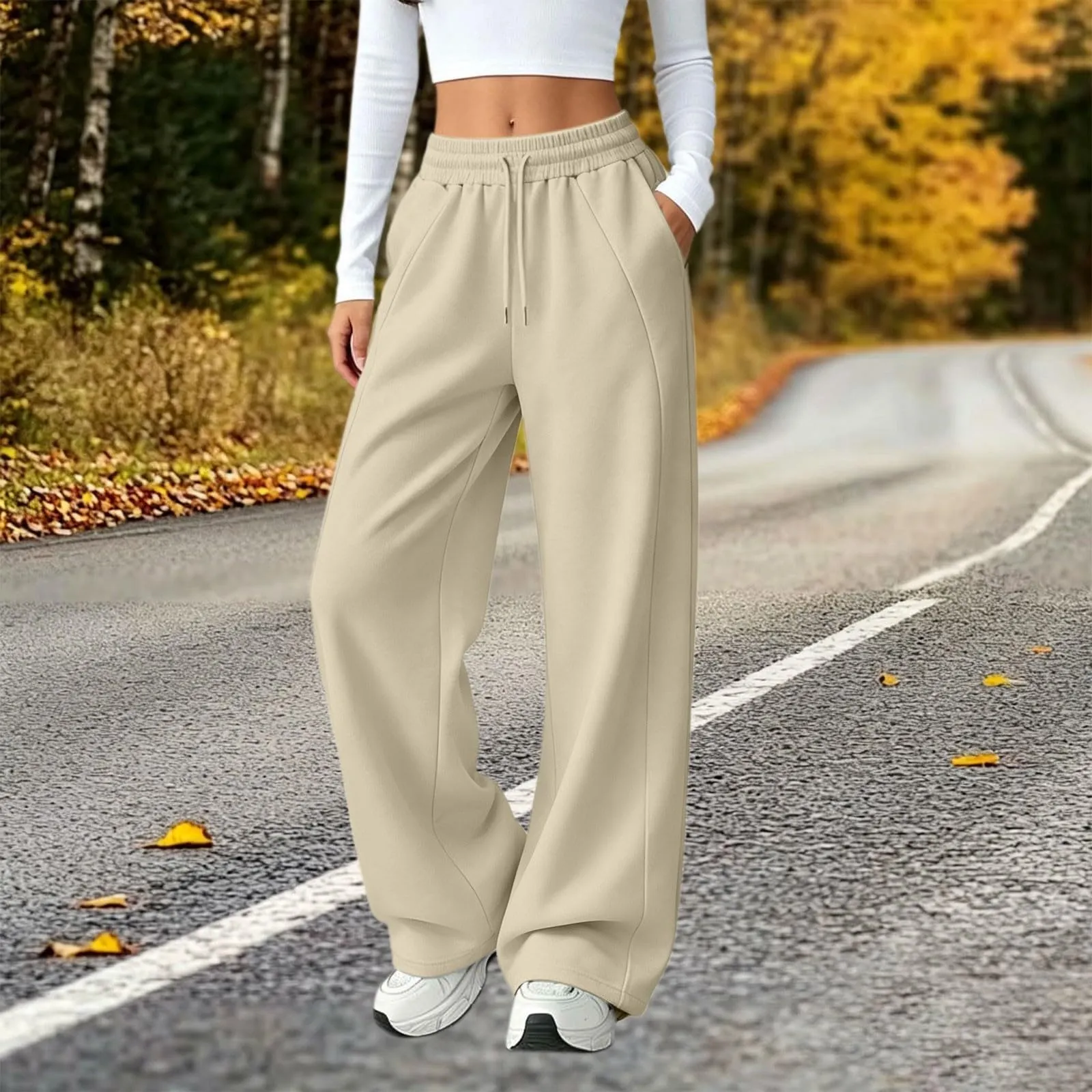 Generico Pantaloni da Jogging da Donna a Gamba Larga da Donna Pantaloni da Jogging Larghi a Vita Alta Pants Sportivi Casual con Coulisse E Tasche - immagine 3