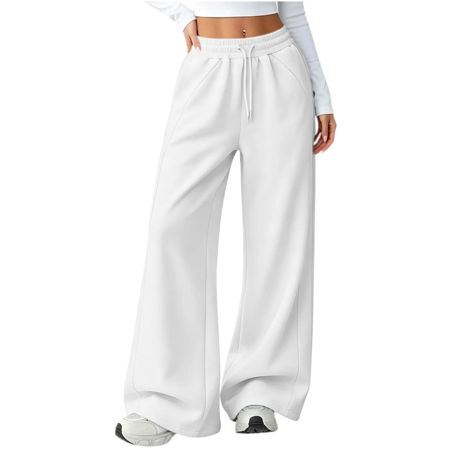 Generico Pantaloni da Jogging da Donna a Gamba Larga da Donna Pantaloni da Jogging Larghi a Vita Alta Pants Sportivi Casual con Coulisse E Tasche - immagine 1