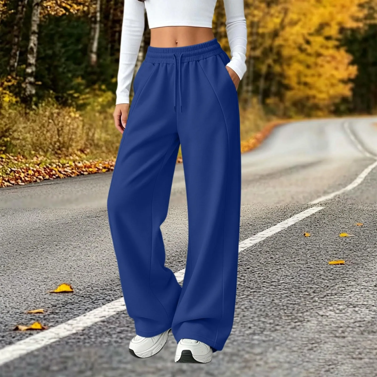 Generico Pantaloni da Jogging da Donna a Gamba Larga da Donna Pantaloni da Jogging Larghi a Vita Alta Pants Sportivi Casual con Coulisse E Tasche - immagine 3