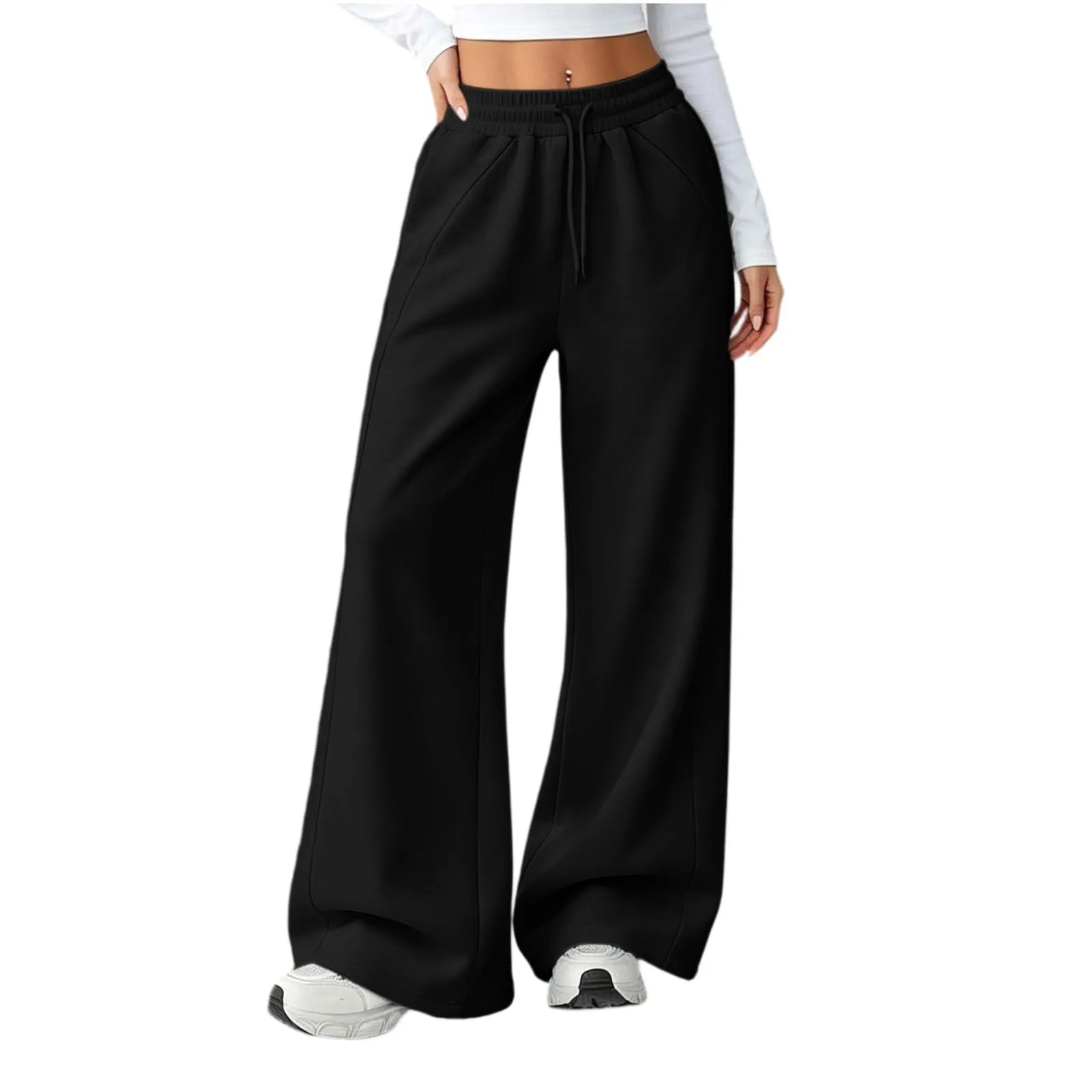 Generico Pantaloni da Jogging da Donna a Gamba Larga da Donna Pantaloni da Jogging Larghi a Vita Alta Pants Sportivi Casual con Coulisse E Tasche - immagine 1