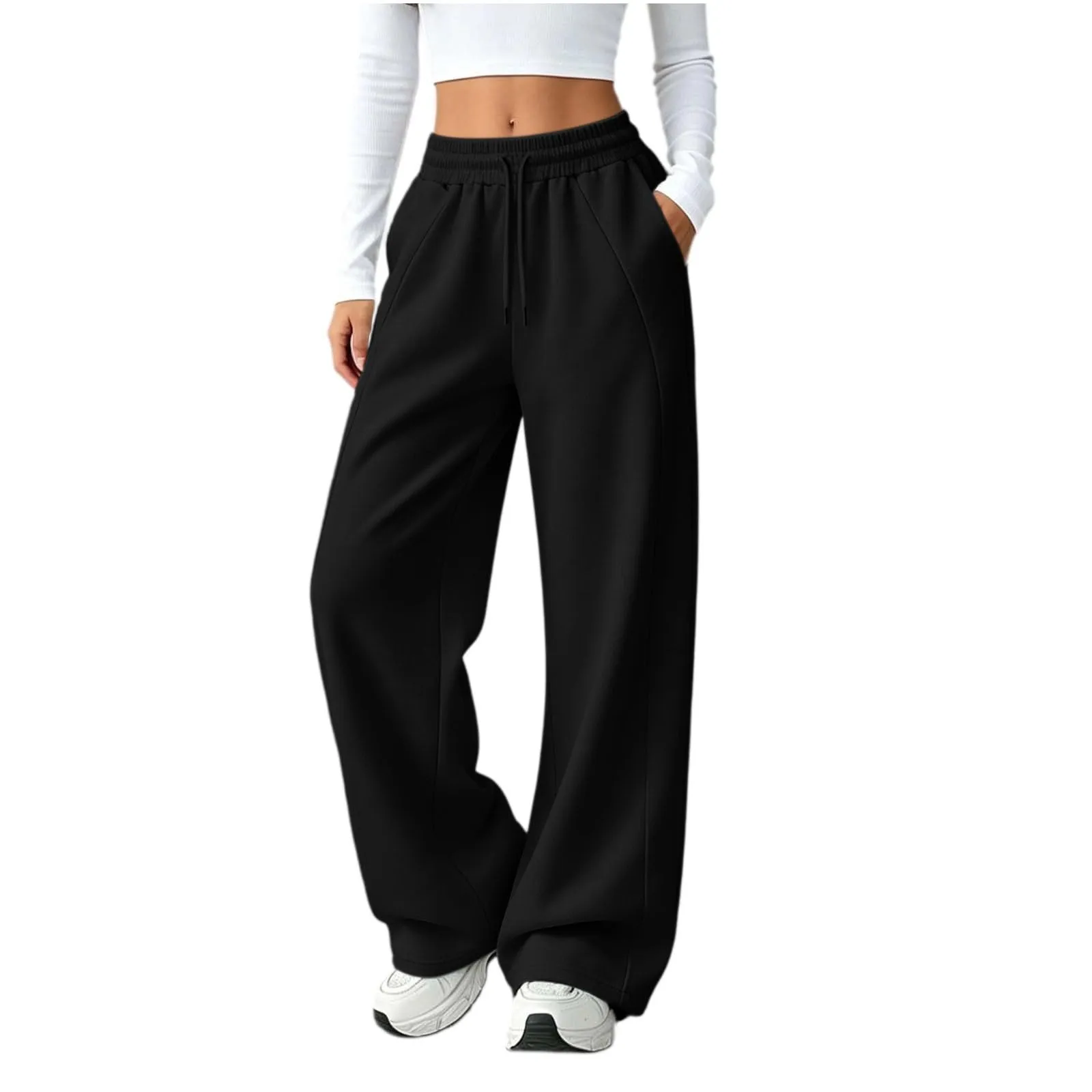 Generico Pantaloni da Jogging da Donna a Gamba Larga da Donna Pantaloni da Jogging Larghi a Vita Alta Pants Sportivi Casual con Coulisse E Tasche - immagine 4