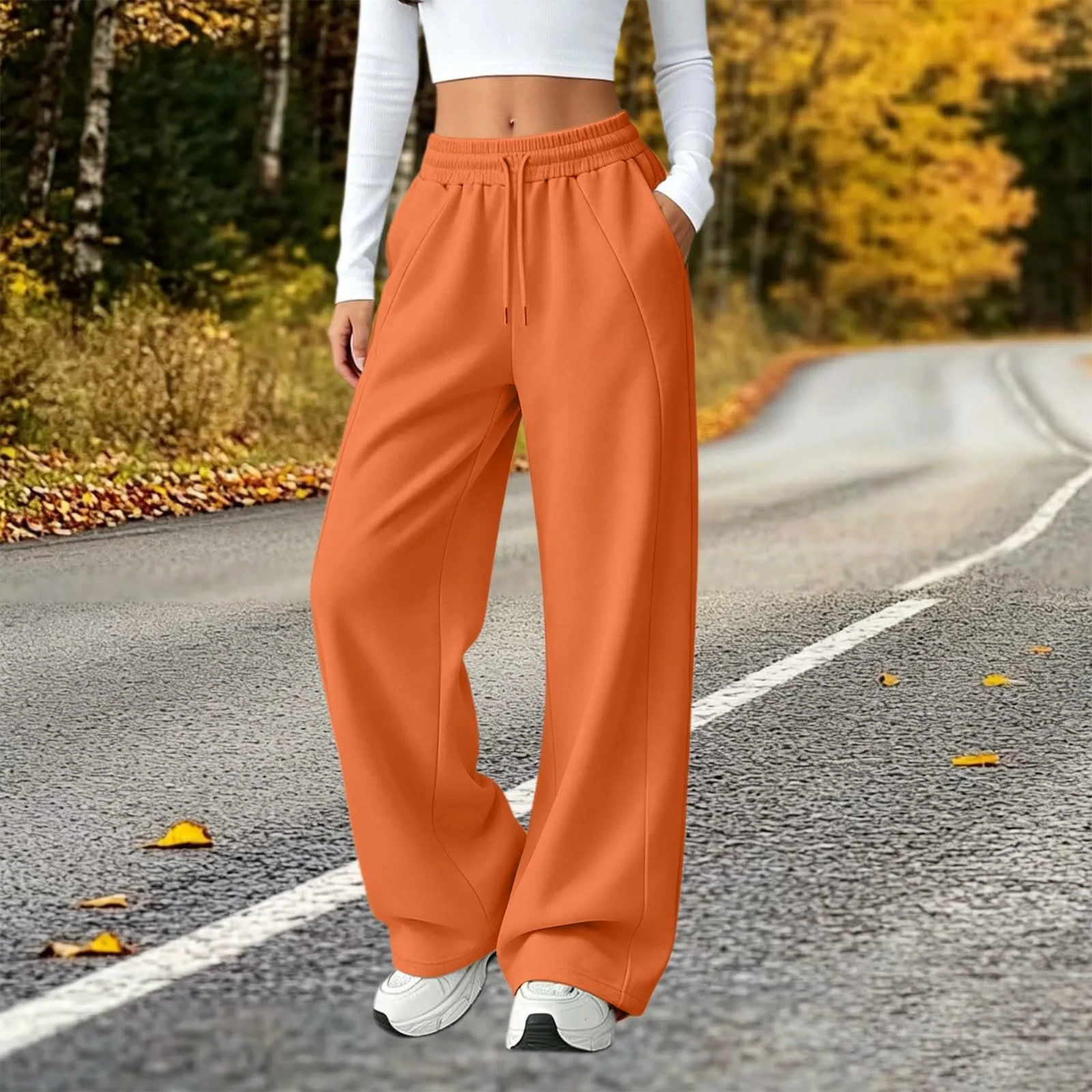 Generico Pantaloni da Jogging da Donna a Gamba Larga da Donna Pantaloni da Jogging Larghi a Vita Alta Pants Sportivi Casual con Coulisse E Tasche - immagine 3