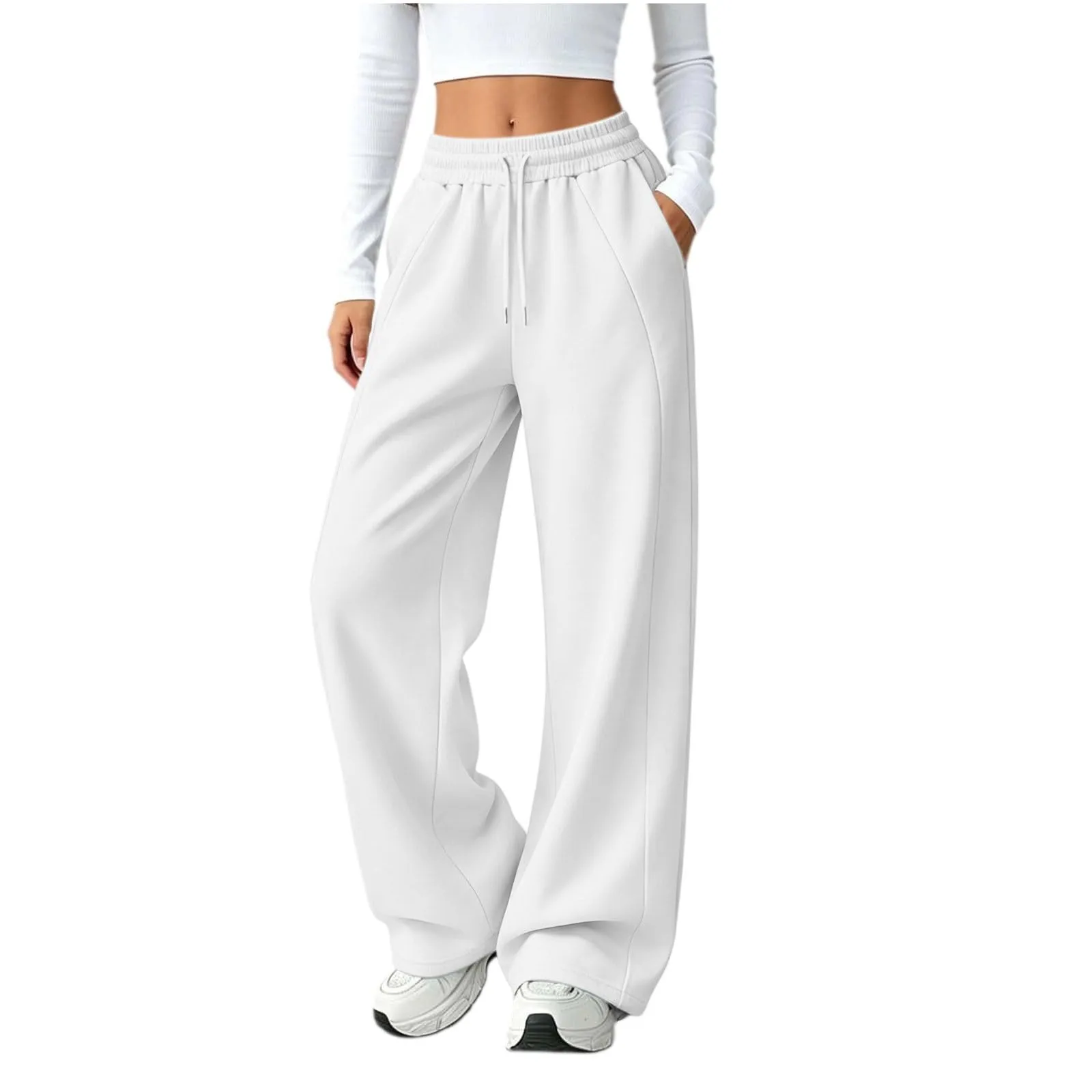 Generico Pantaloni da Jogging da Donna a Gamba Larga da Donna Pantaloni da Jogging Larghi a Vita Alta Pants Sportivi Casual con Coulisse E Tasche - immagine 2