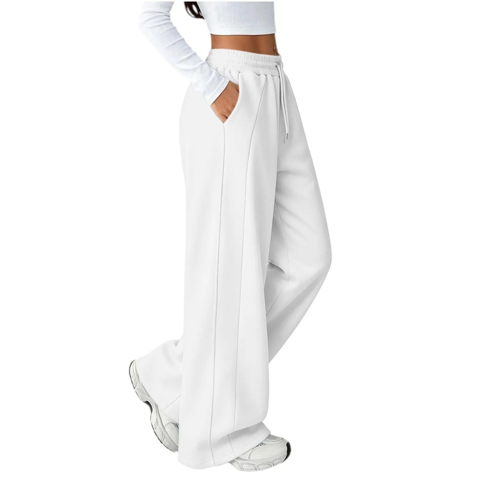 Generico Pantaloni da Jogging da Donna a Gamba Larga da Donna Pantaloni da Jogging Larghi a Vita Alta Pants Sportivi Casual con Coulisse E Tasche - immagine 4