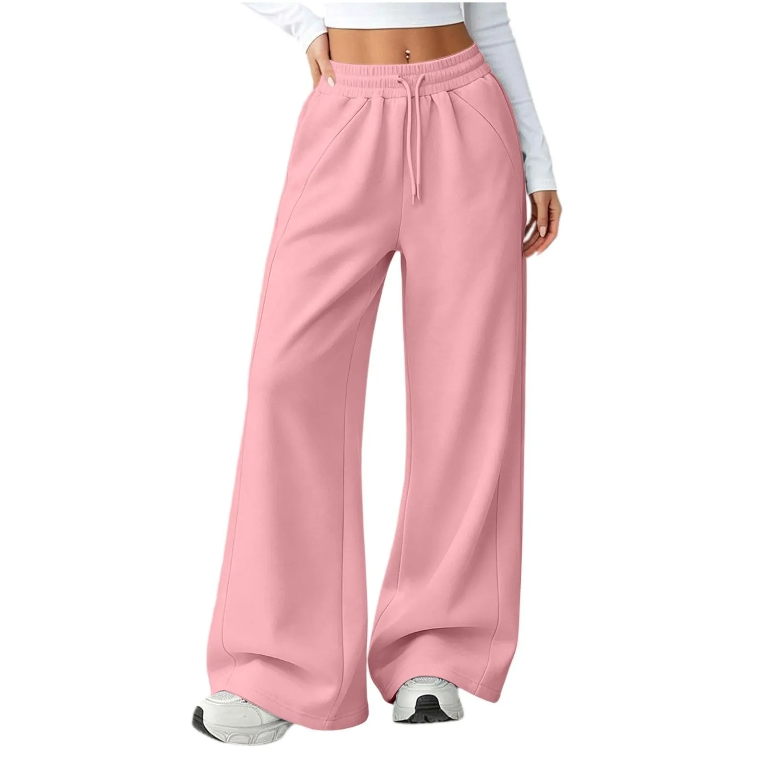 Generico Pantaloni da Jogging da Donna a Gamba Larga da Donna Pantaloni da Jogging Larghi a Vita Alta Pants Sportivi Casual con Coulisse E Tasche - immagine 2