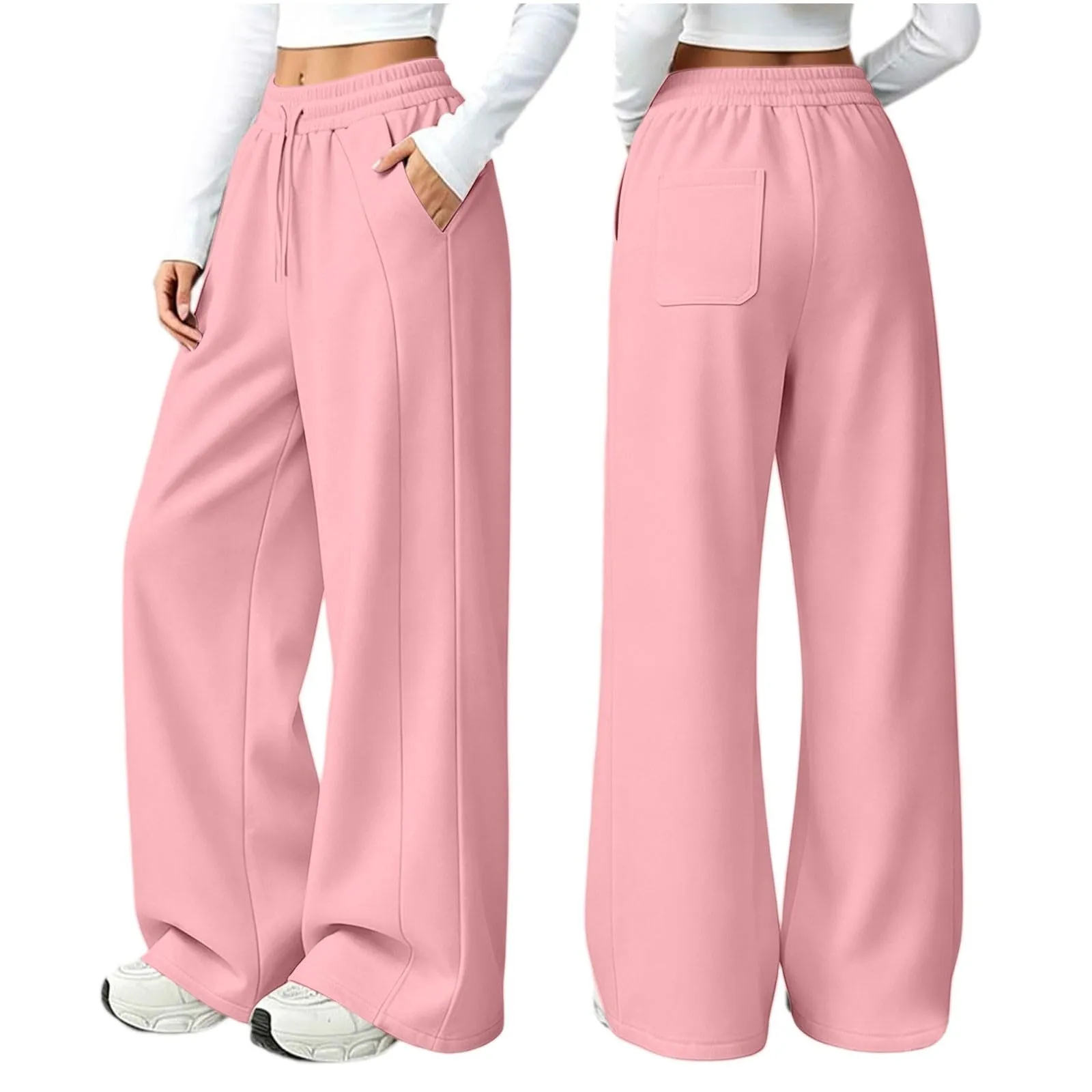 Generico Pantaloni da Jogging da Donna a Gamba Larga da Donna Pantaloni da Jogging Larghi a Vita Alta Pants Sportivi Casual con Coulisse E Tasche - immagine 5