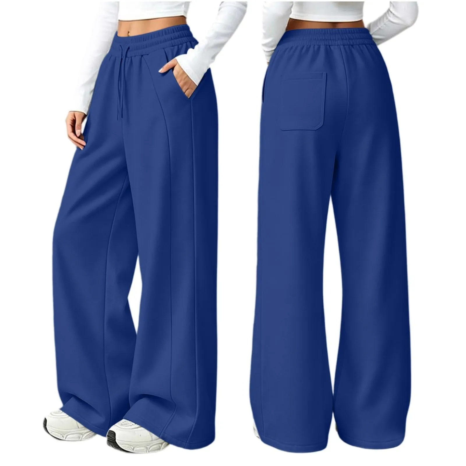 Generico Pantaloni da Jogging da Donna a Gamba Larga da Donna Pantaloni da Jogging Larghi a Vita Alta Pants Sportivi Casual con Coulisse E Tasche - immagine 5
