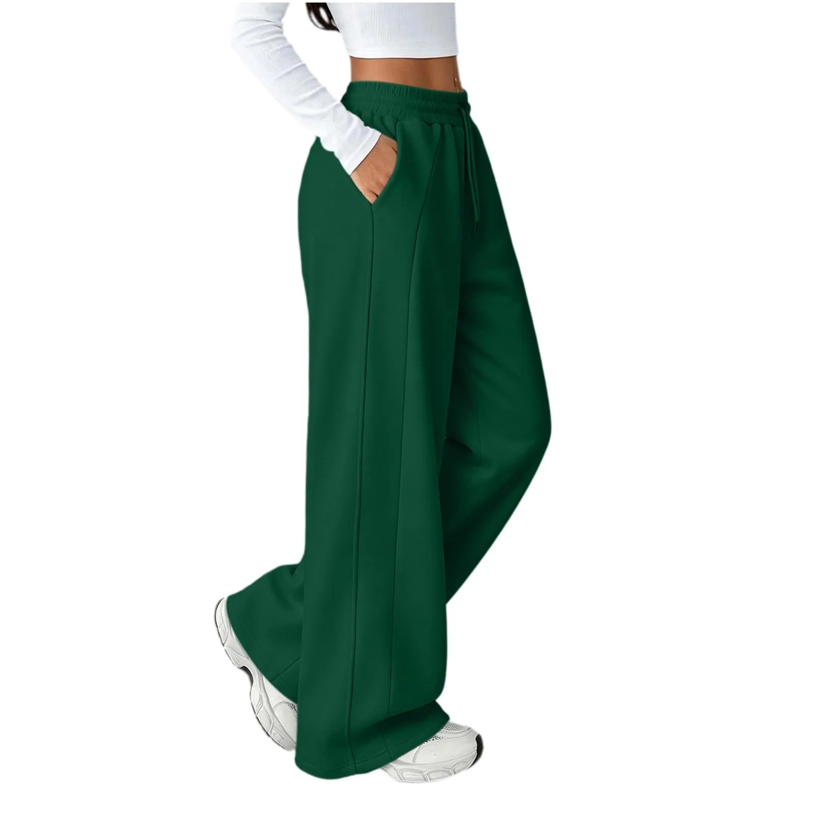 Generico Pantaloni da Jogging da Donna a Gamba Larga da Donna Pantaloni da Jogging Larghi a Vita Alta Pants Sportivi Casual con Coulisse E Tasche - immagine 5
