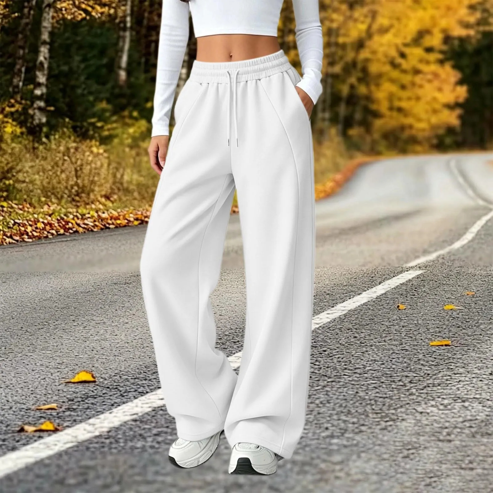 Generico Pantaloni da Jogging da Donna a Gamba Larga da Donna Pantaloni da Jogging Larghi a Vita Alta Pants Sportivi Casual con Coulisse E Tasche - immagine 3
