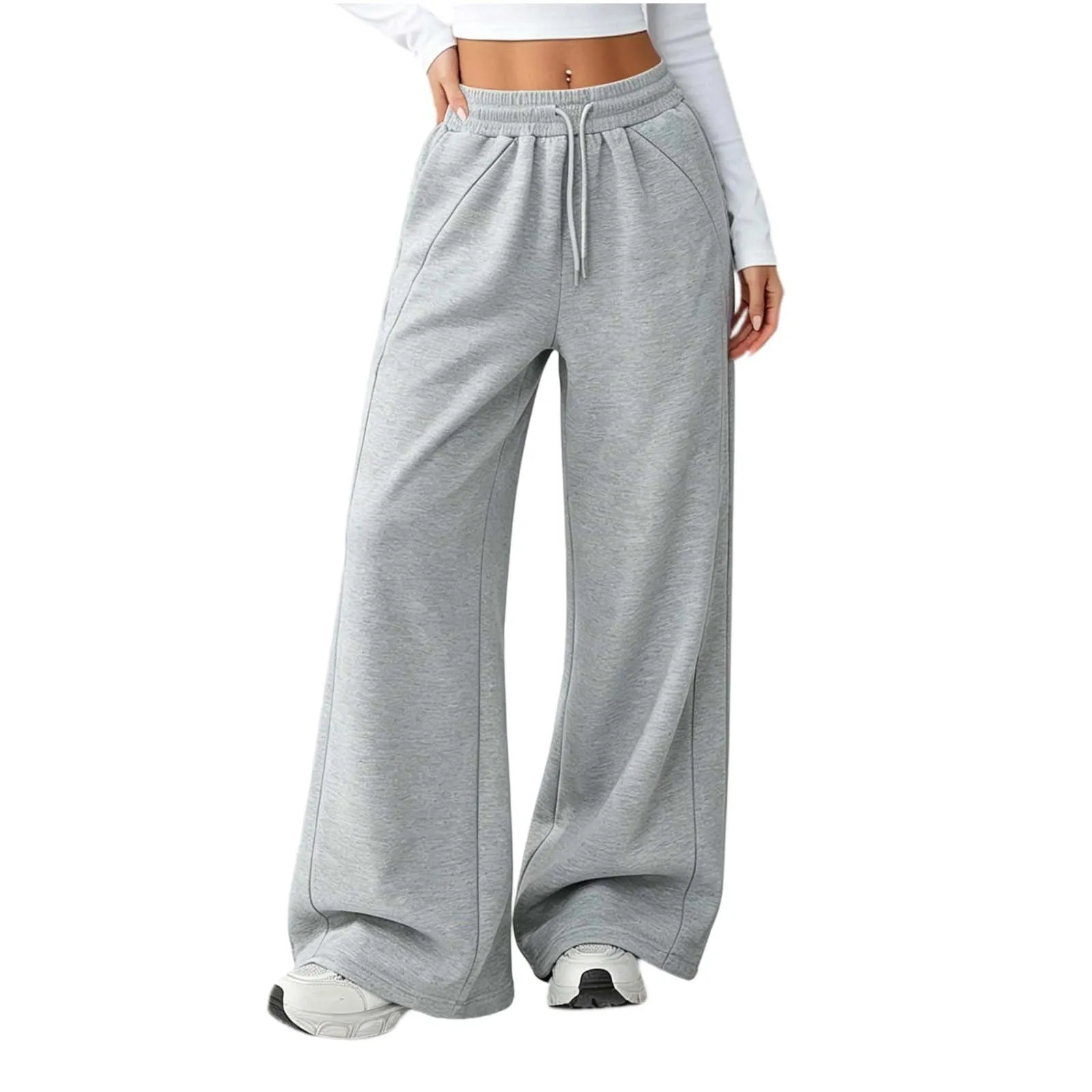 Generico Pantaloni da Jogging da Donna a Gamba Larga da Donna Pantaloni da Jogging Larghi a Vita Alta Pants Sportivi Casual con Coulisse E Tasche - immagine 4