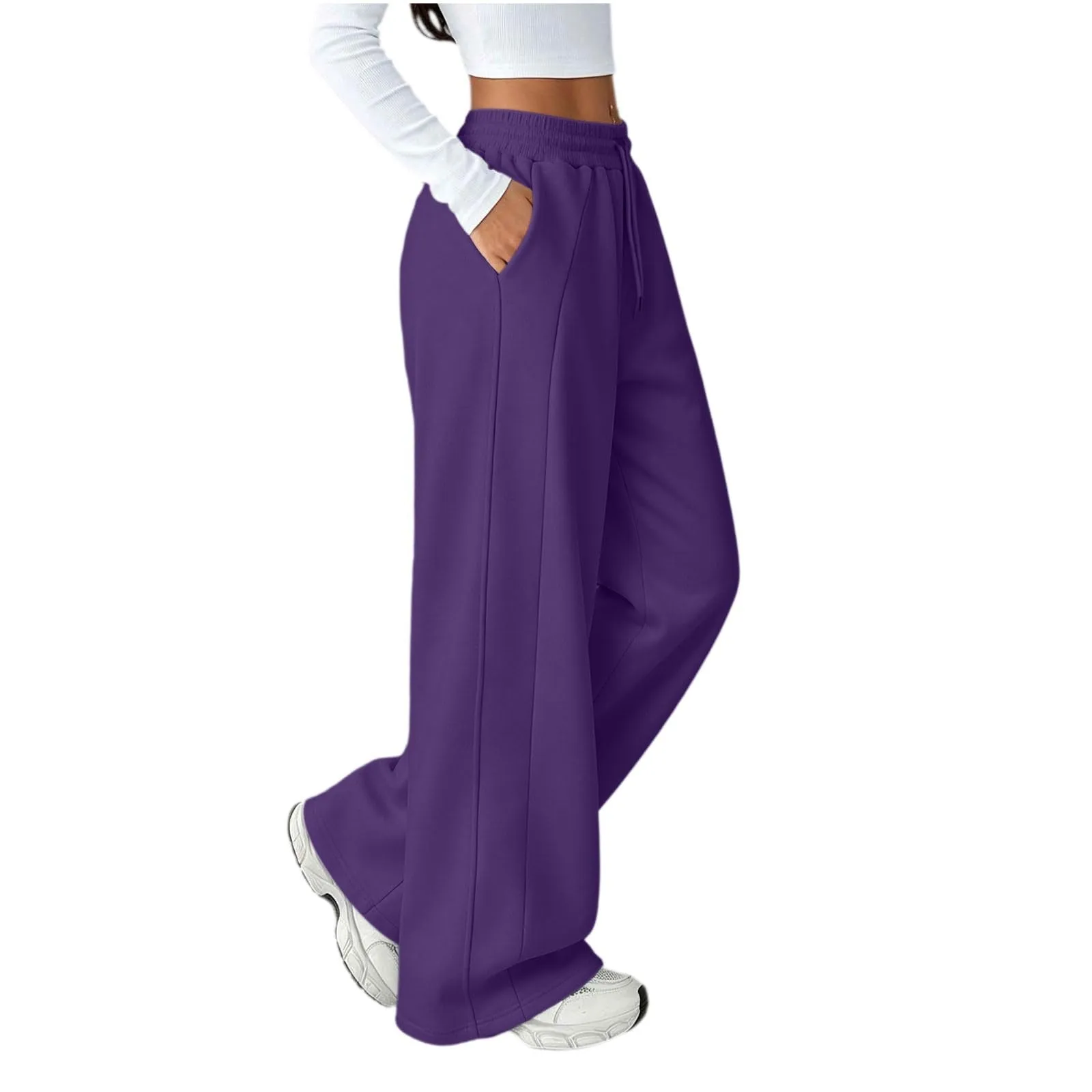 Generico Pantaloni da Jogging da Donna a Gamba Larga da Donna Pantaloni da Jogging Larghi a Vita Alta Pants Sportivi Casual con Coulisse E Tasche - immagine 1