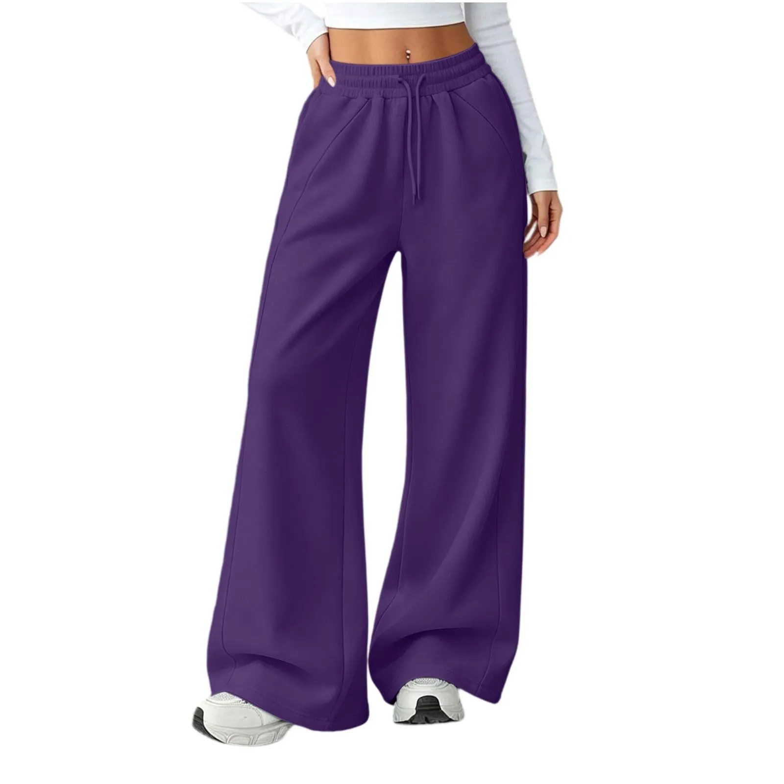 Generico Pantaloni da Jogging da Donna a Gamba Larga da Donna Pantaloni da Jogging Larghi a Vita Alta Pants Sportivi Casual con Coulisse E Tasche - immagine 4