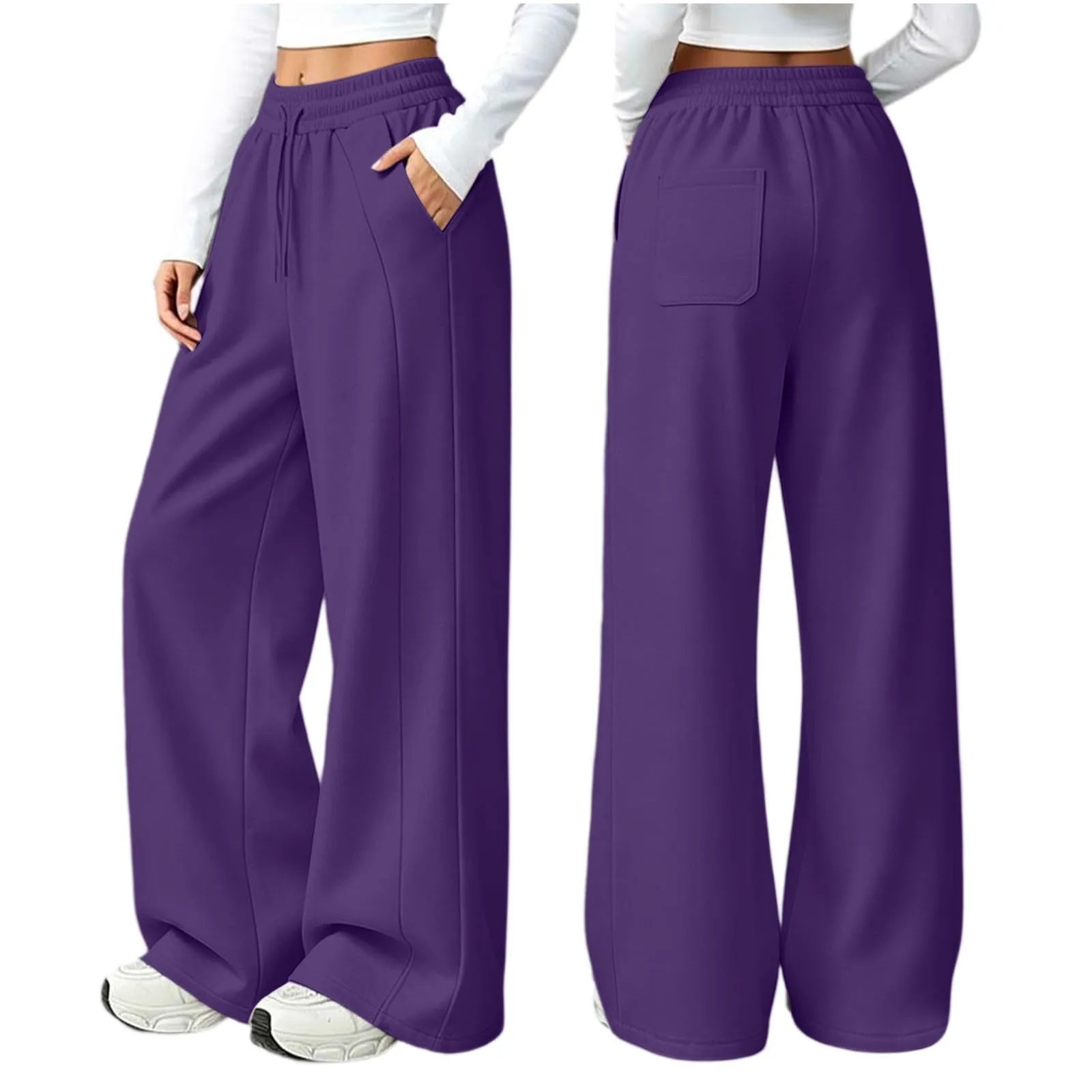 Generico Pantaloni da Jogging da Donna a Gamba Larga da Donna Pantaloni da Jogging Larghi a Vita Alta Pants Sportivi Casual con Coulisse E Tasche - immagine 5