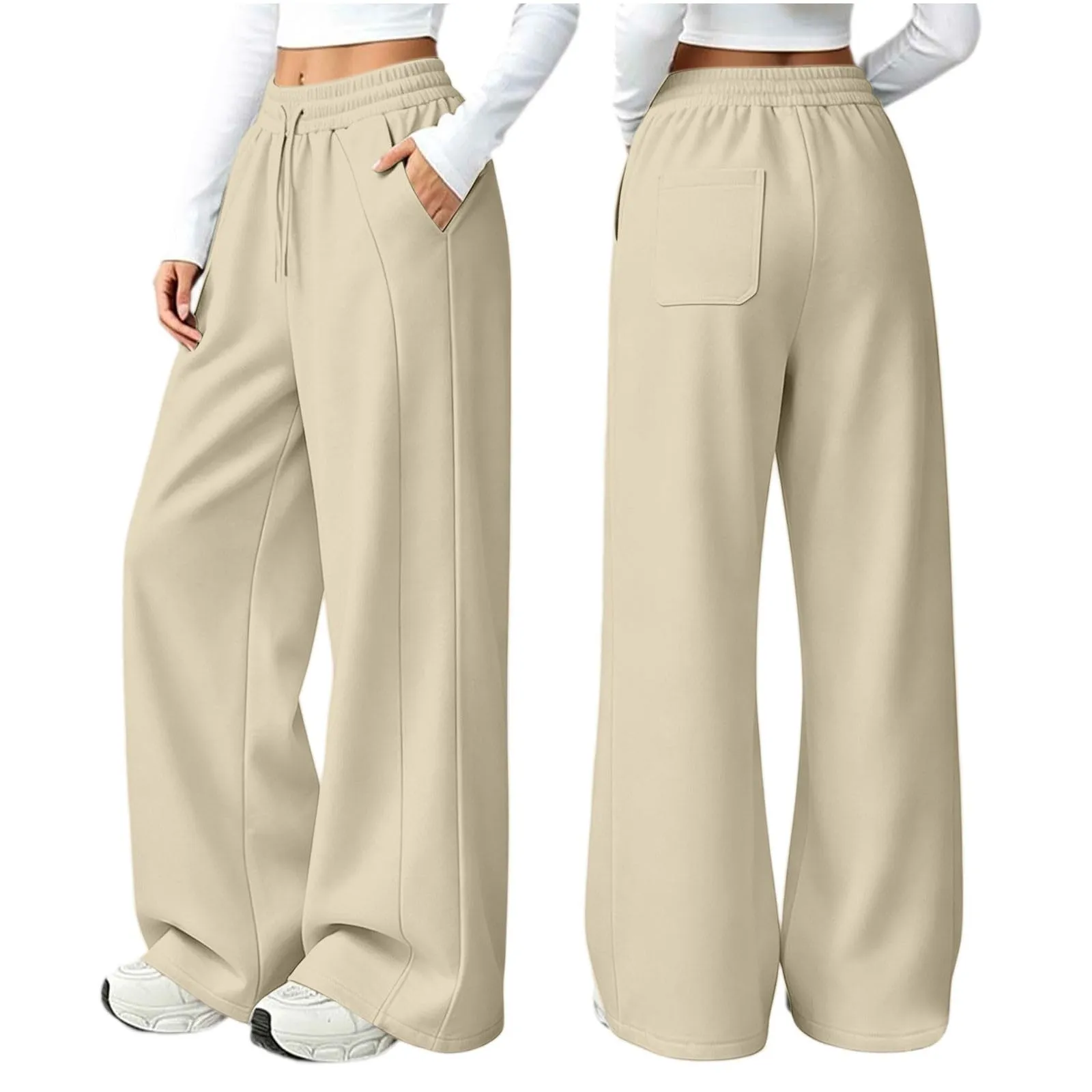 Generico Pantaloni da Jogging da Donna a Gamba Larga da Donna Pantaloni da Jogging Larghi a Vita Alta Pants Sportivi Casual con Coulisse E Tasche - immagine 5