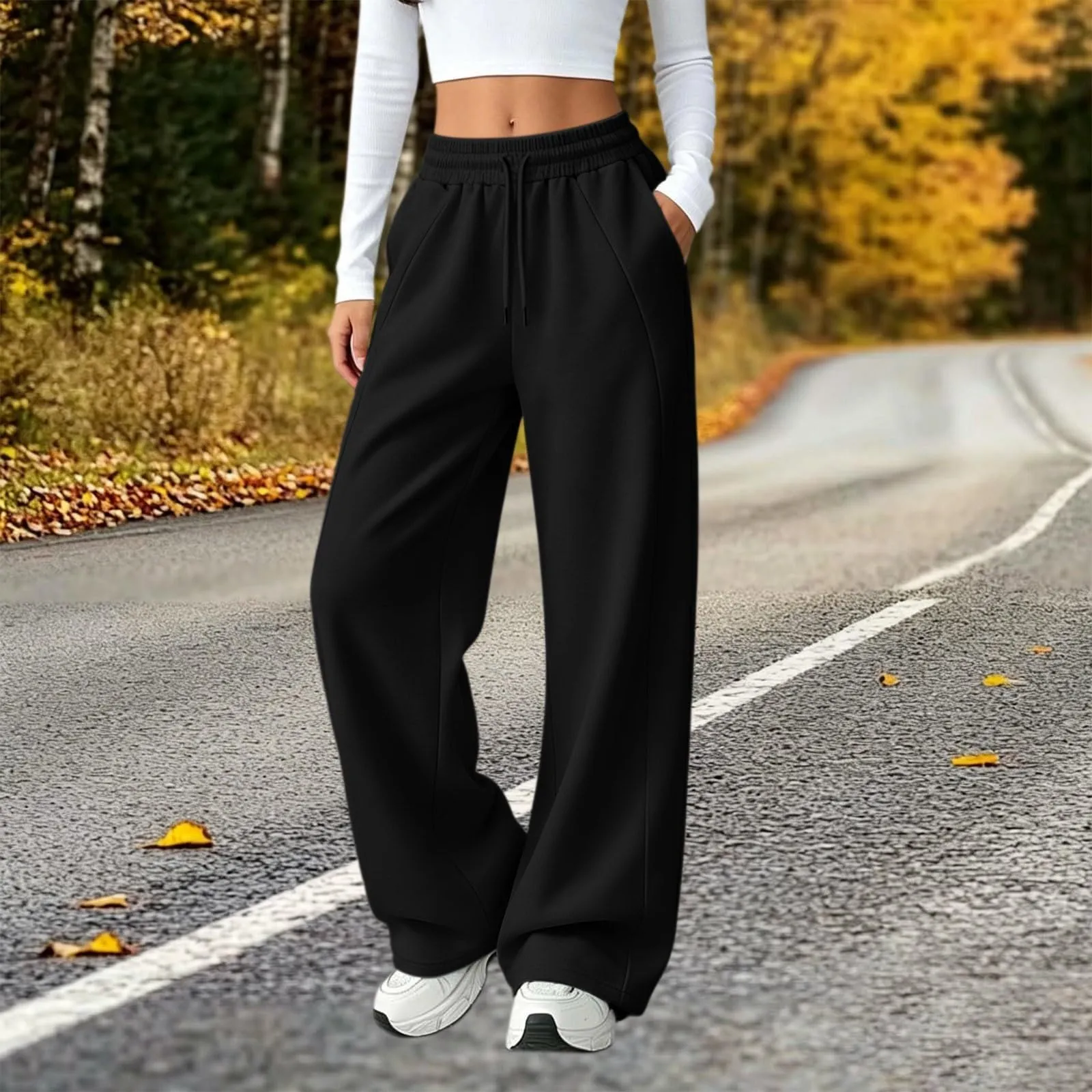 Generico Pantaloni da Jogging da Donna a Gamba Larga da Donna Pantaloni da Jogging Larghi a Vita Alta Pants Sportivi Casual con Coulisse E Tasche - immagine 3