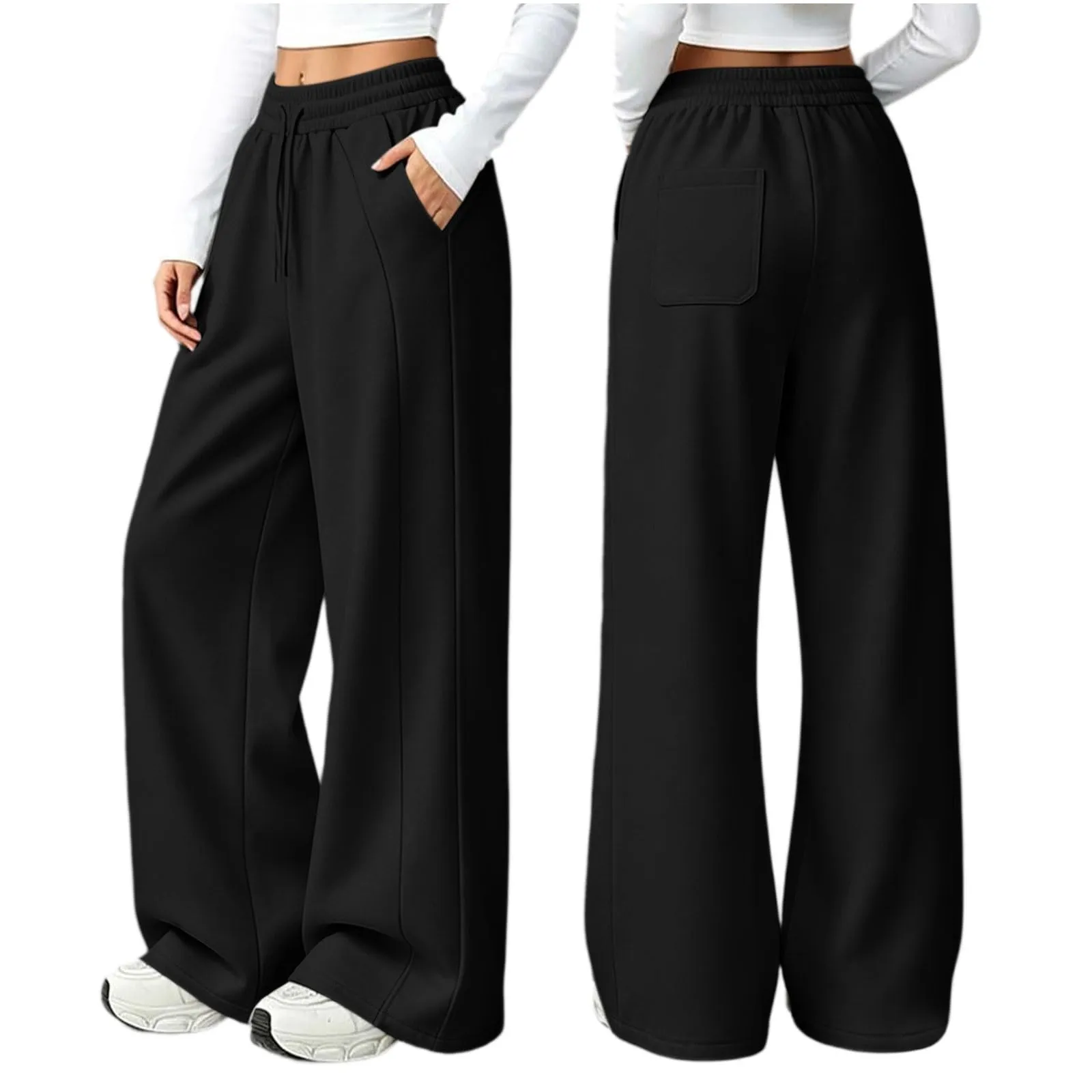 Generico Pantaloni da Jogging da Donna a Gamba Larga da Donna Pantaloni da Jogging Larghi a Vita Alta Pants Sportivi Casual con Coulisse E Tasche - immagine 5