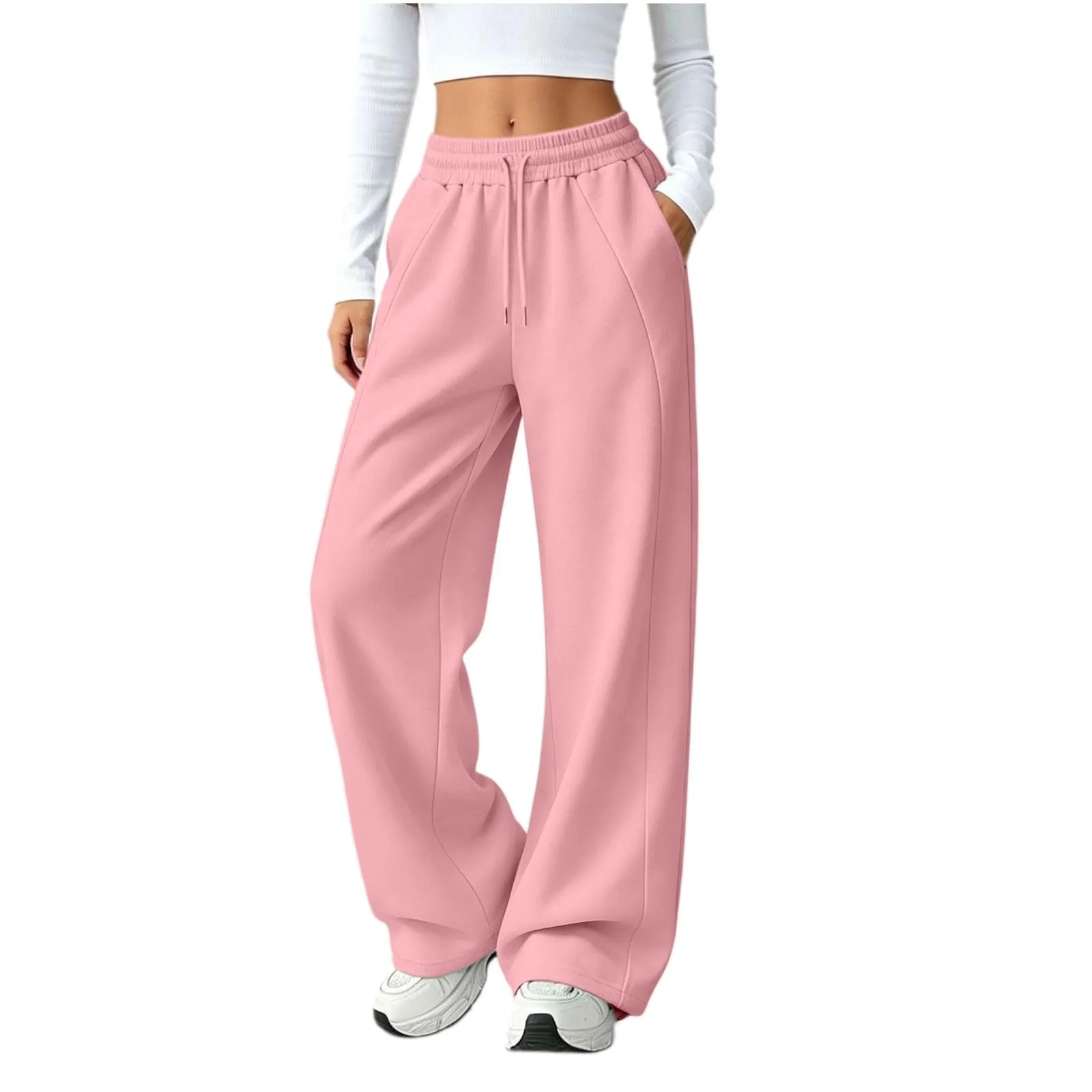Generico Pantaloni da Jogging da Donna a Gamba Larga da Donna Pantaloni da Jogging Larghi a Vita Alta Pants Sportivi Casual con Coulisse E Tasche - immagine 1