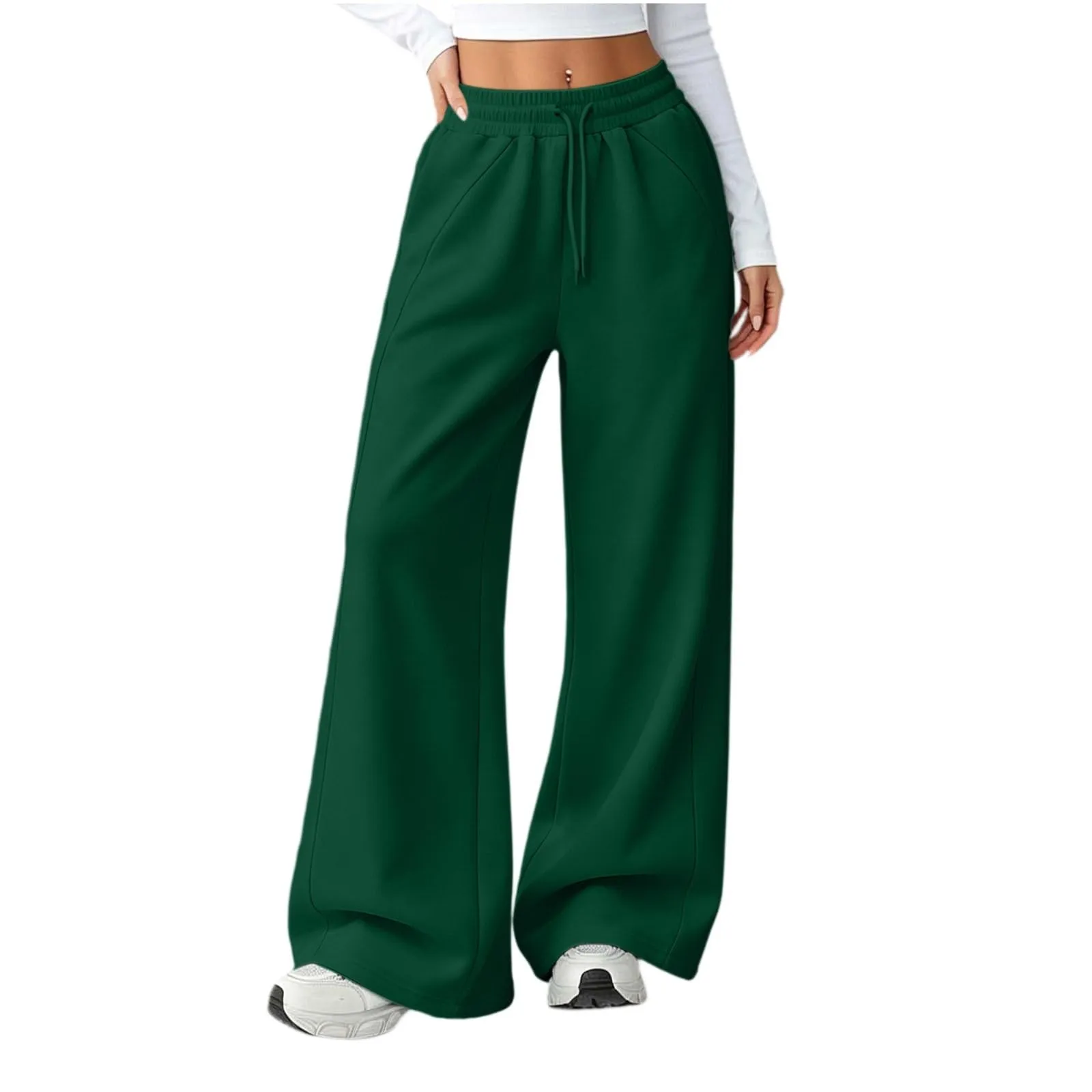 Generico Pantaloni da Jogging da Donna a Gamba Larga da Donna Pantaloni da Jogging Larghi a Vita Alta Pants Sportivi Casual con Coulisse E Tasche - immagine 2
