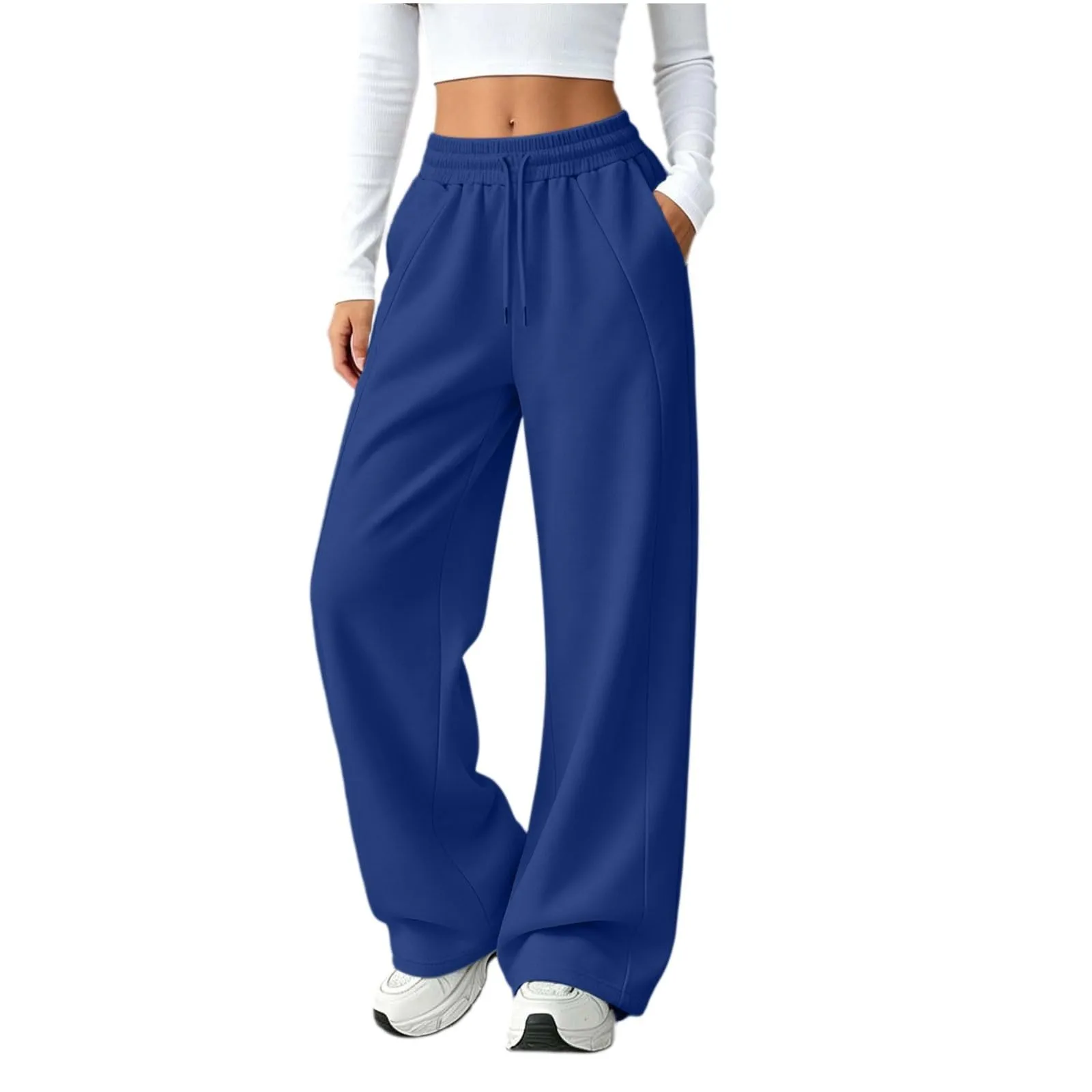 Generico Pantaloni da Jogging da Donna a Gamba Larga da Donna Pantaloni da Jogging Larghi a Vita Alta Pants Sportivi Casual con Coulisse E Tasche - immagine 1