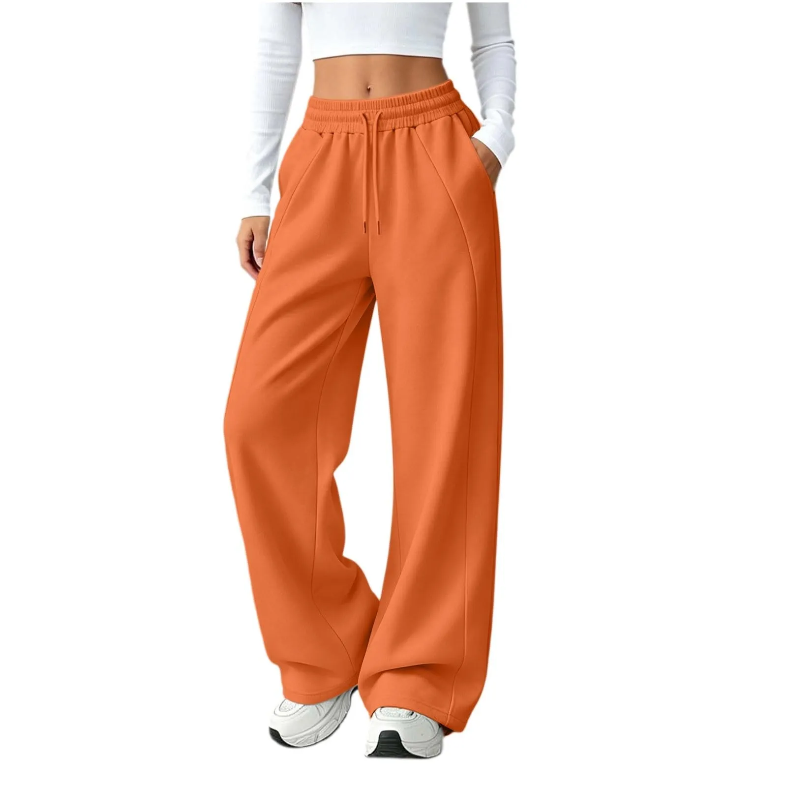 Generico Pantaloni da Jogging da Donna a Gamba Larga da Donna Pantaloni da Jogging Larghi a Vita Alta Pants Sportivi Casual con Coulisse E Tasche - immagine 2