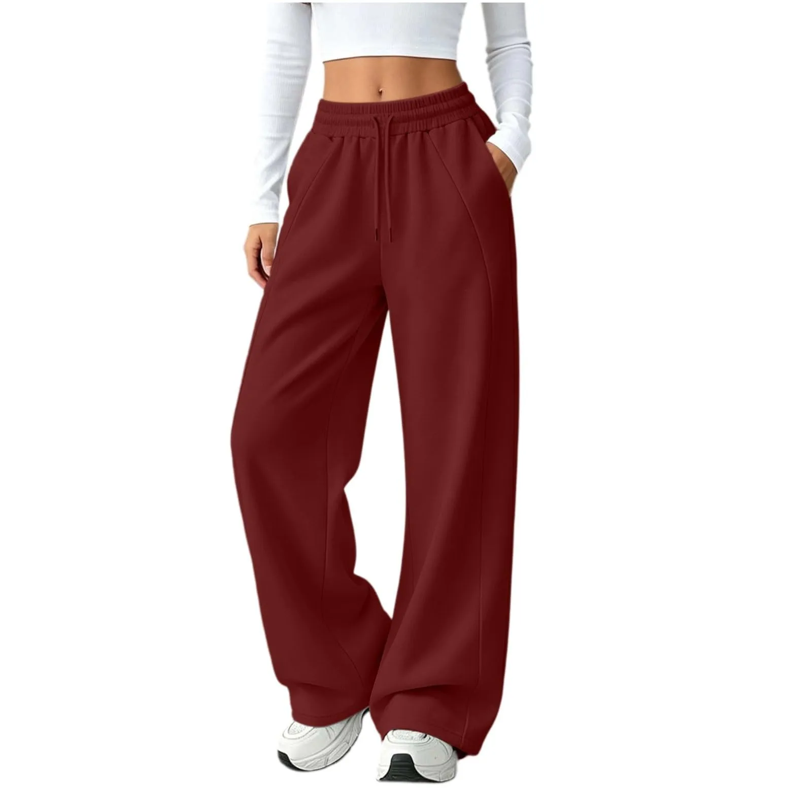 Generico Pantaloni da Jogging da Donna a Gamba Larga da Donna Pantaloni da Jogging Larghi a Vita Alta Pants Sportivi Casual con Coulisse E Tasche - immagine 2