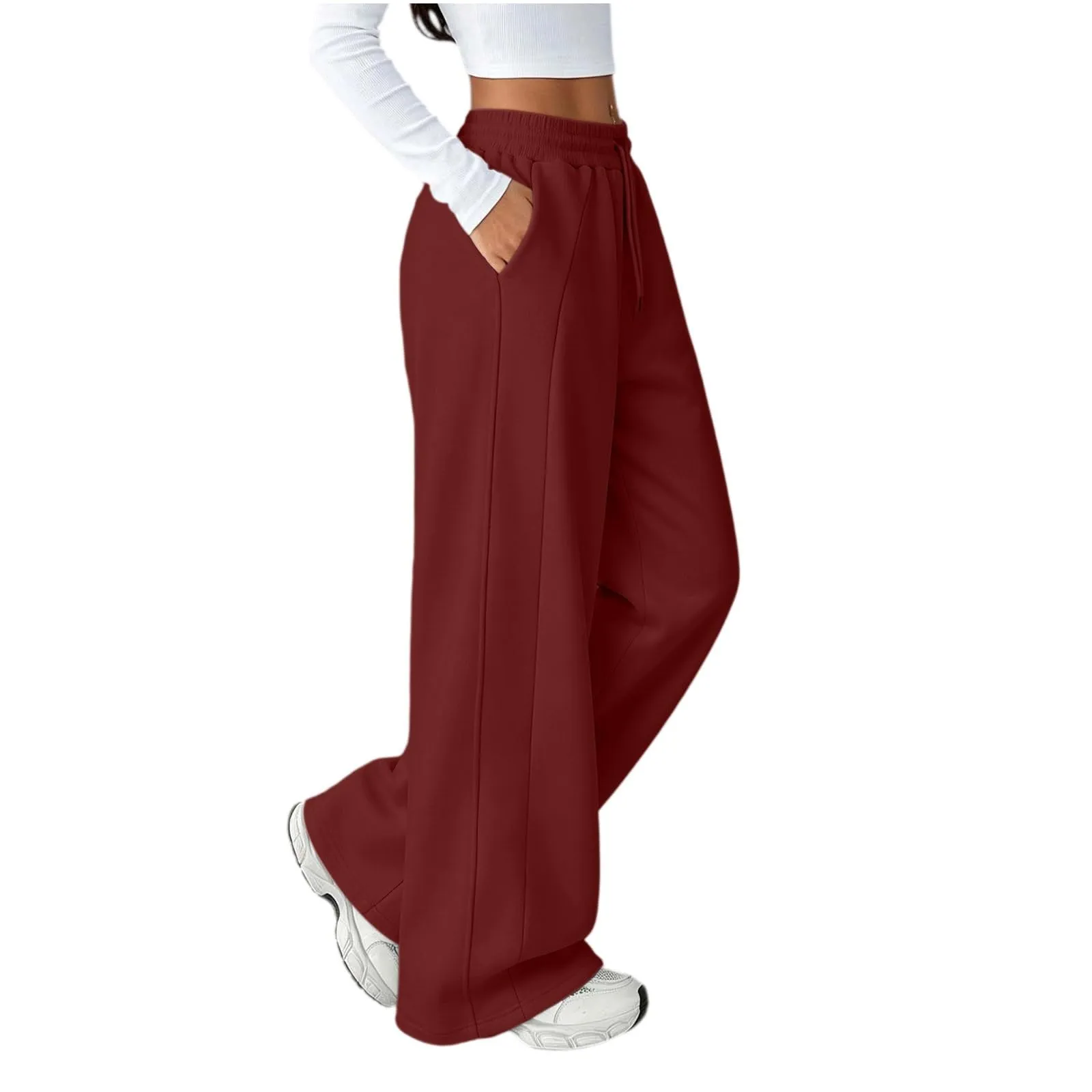 Generico Pantaloni da Jogging da Donna a Gamba Larga da Donna Pantaloni da Jogging Larghi a Vita Alta Pants Sportivi Casual con Coulisse E Tasche - immagine 4