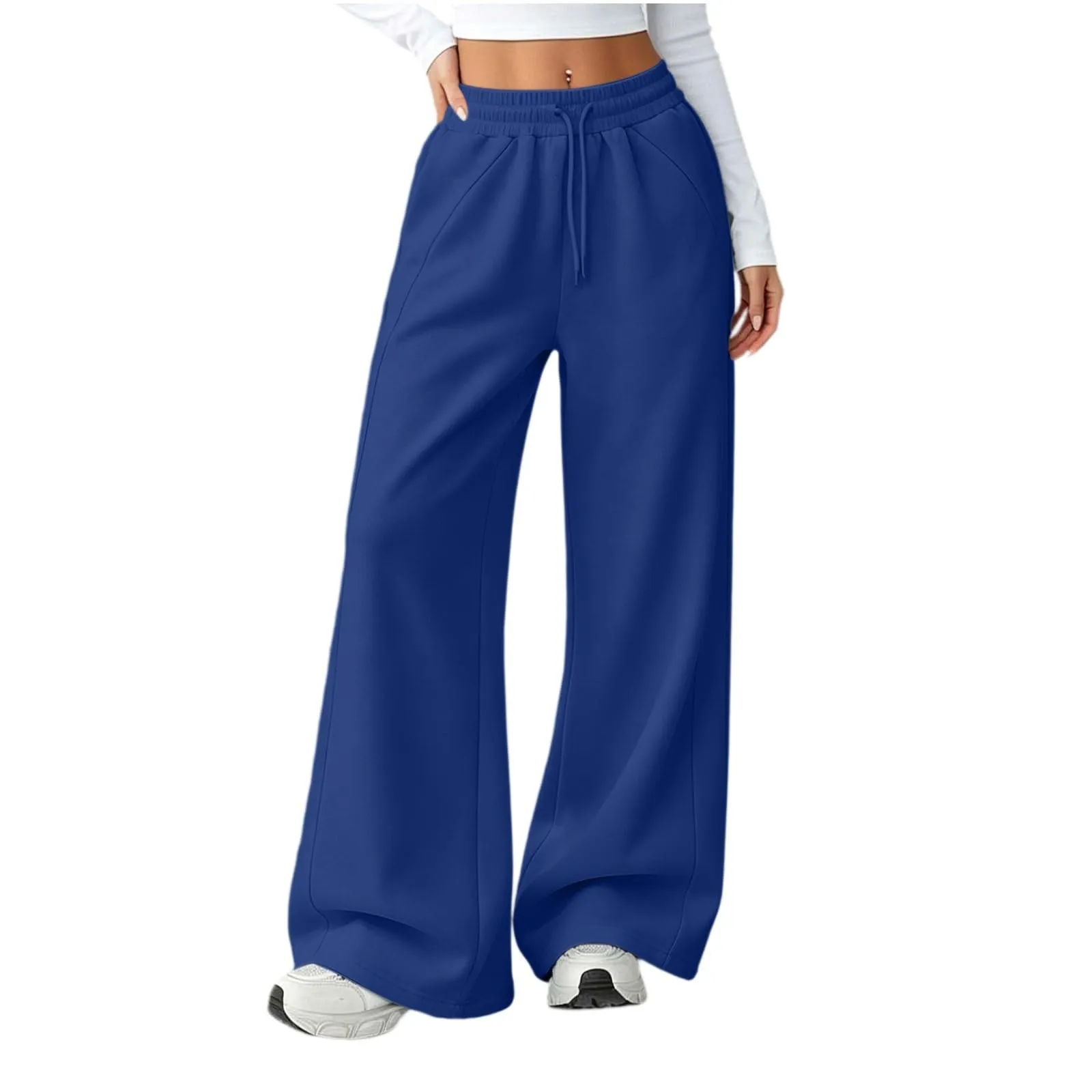 Generico Pantaloni da Jogging da Donna a Gamba Larga da Donna Pantaloni da Jogging Larghi a Vita Alta Pants Sportivi Casual con Coulisse E Tasche - immagine 2
