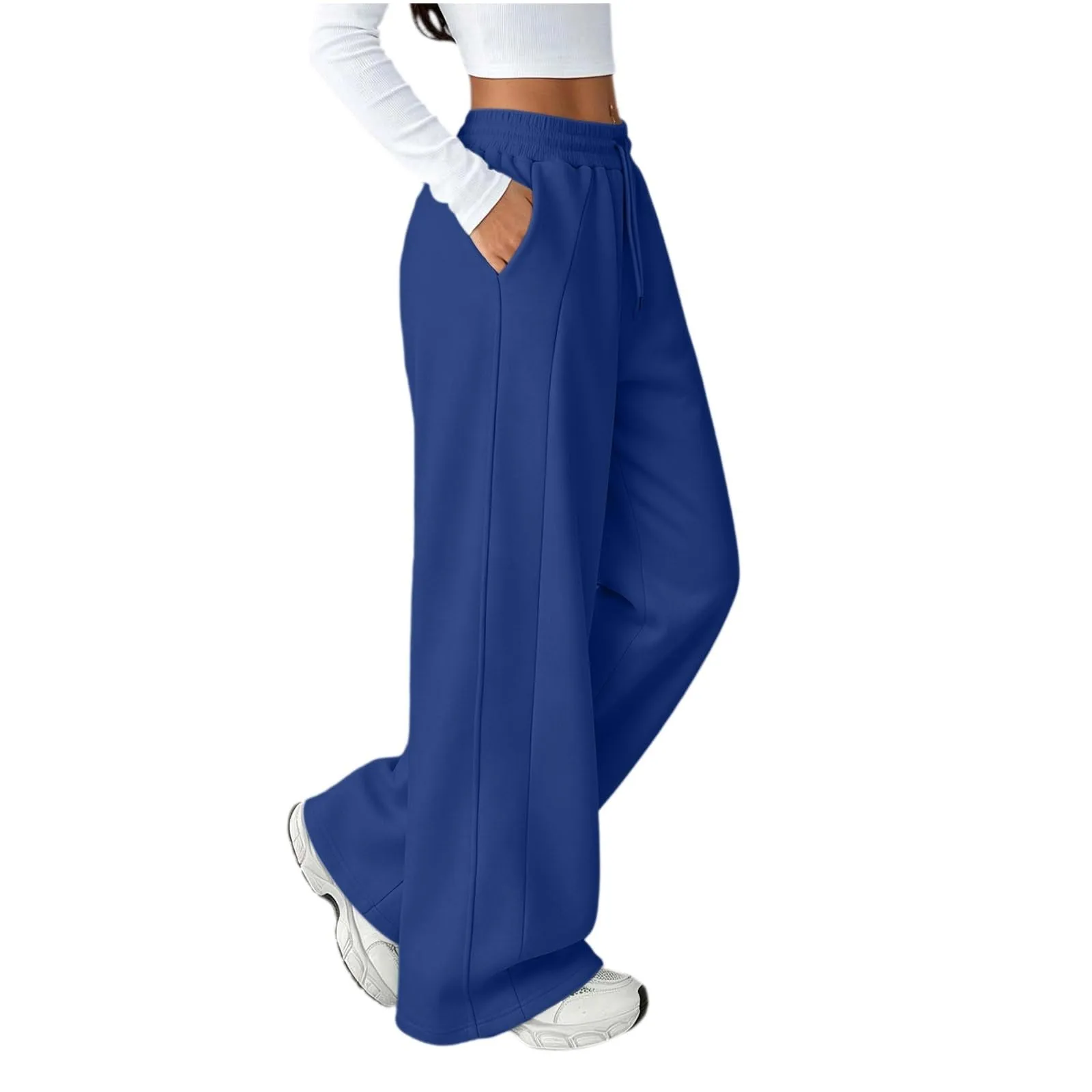Generico Pantaloni da Jogging da Donna a Gamba Larga da Donna Pantaloni da Jogging Larghi a Vita Alta Pants Sportivi Casual con Coulisse E Tasche - immagine 4