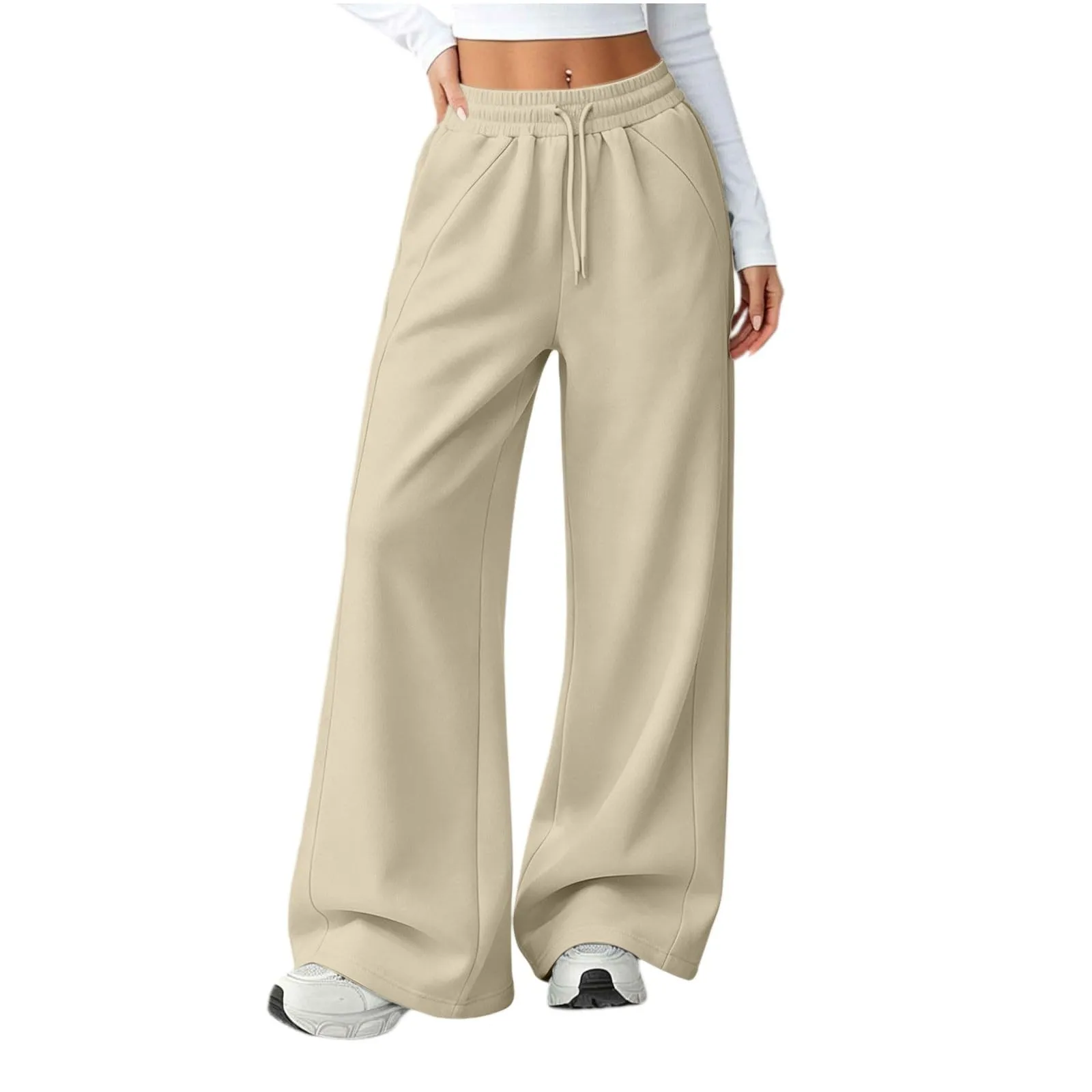 Generico Pantaloni da Jogging da Donna a Gamba Larga da Donna Pantaloni da Jogging Larghi a Vita Alta Pants Sportivi Casual con Coulisse E Tasche - immagine 2