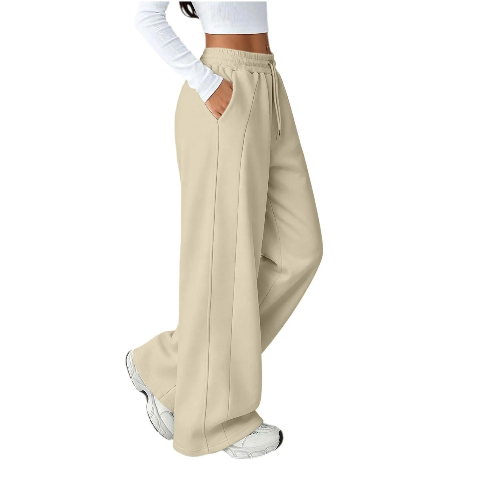 Generico Pantaloni da Jogging da Donna a Gamba Larga da Donna Pantaloni da Jogging Larghi a Vita Alta Pants Sportivi Casual con Coulisse E Tasche - immagine 4