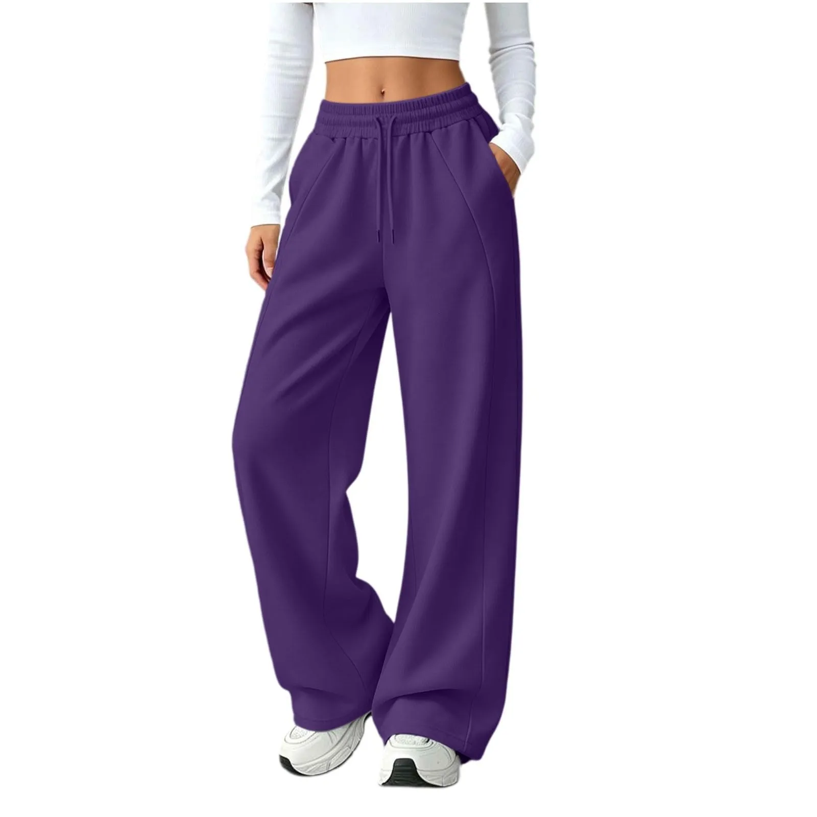 Generico Pantaloni da Jogging da Donna a Gamba Larga da Donna Pantaloni da Jogging Larghi a Vita Alta Pants Sportivi Casual con Coulisse E Tasche - immagine 2