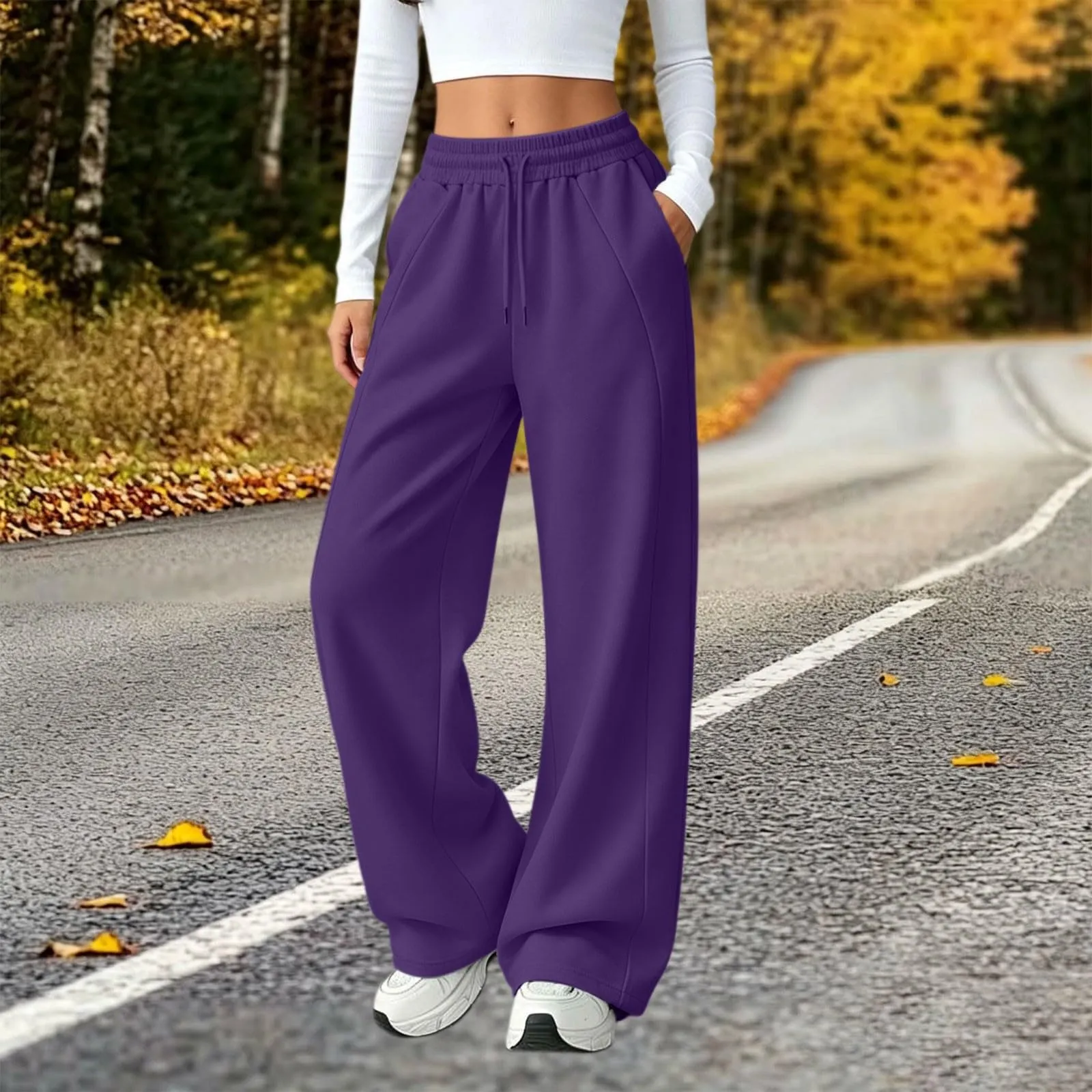 Generico Pantaloni da Jogging da Donna a Gamba Larga da Donna Pantaloni da Jogging Larghi a Vita Alta Pants Sportivi Casual con Coulisse E Tasche - immagine 3